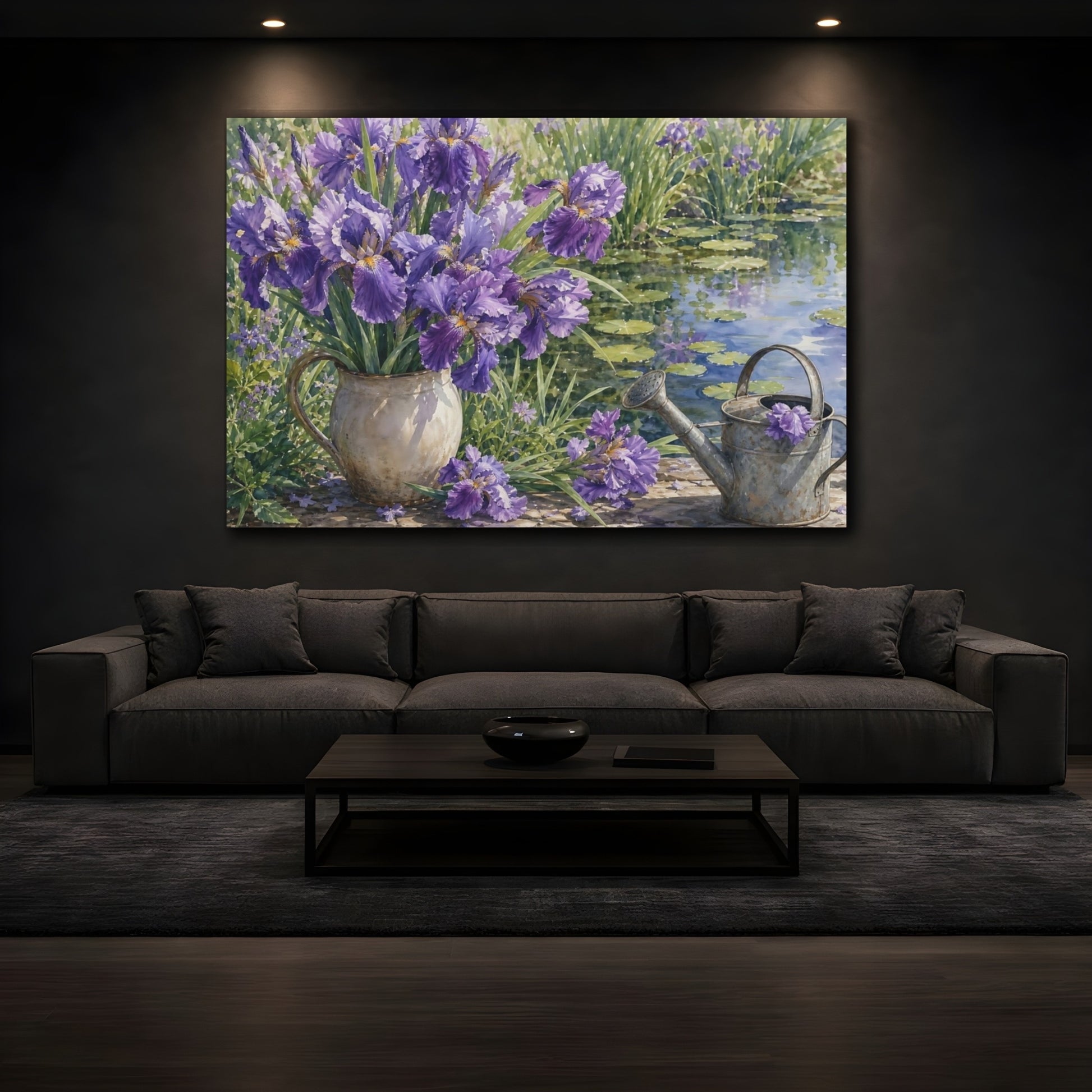 Mockup 3. Floral Purple Iris Purple Floral shown as stretched canvas wall art