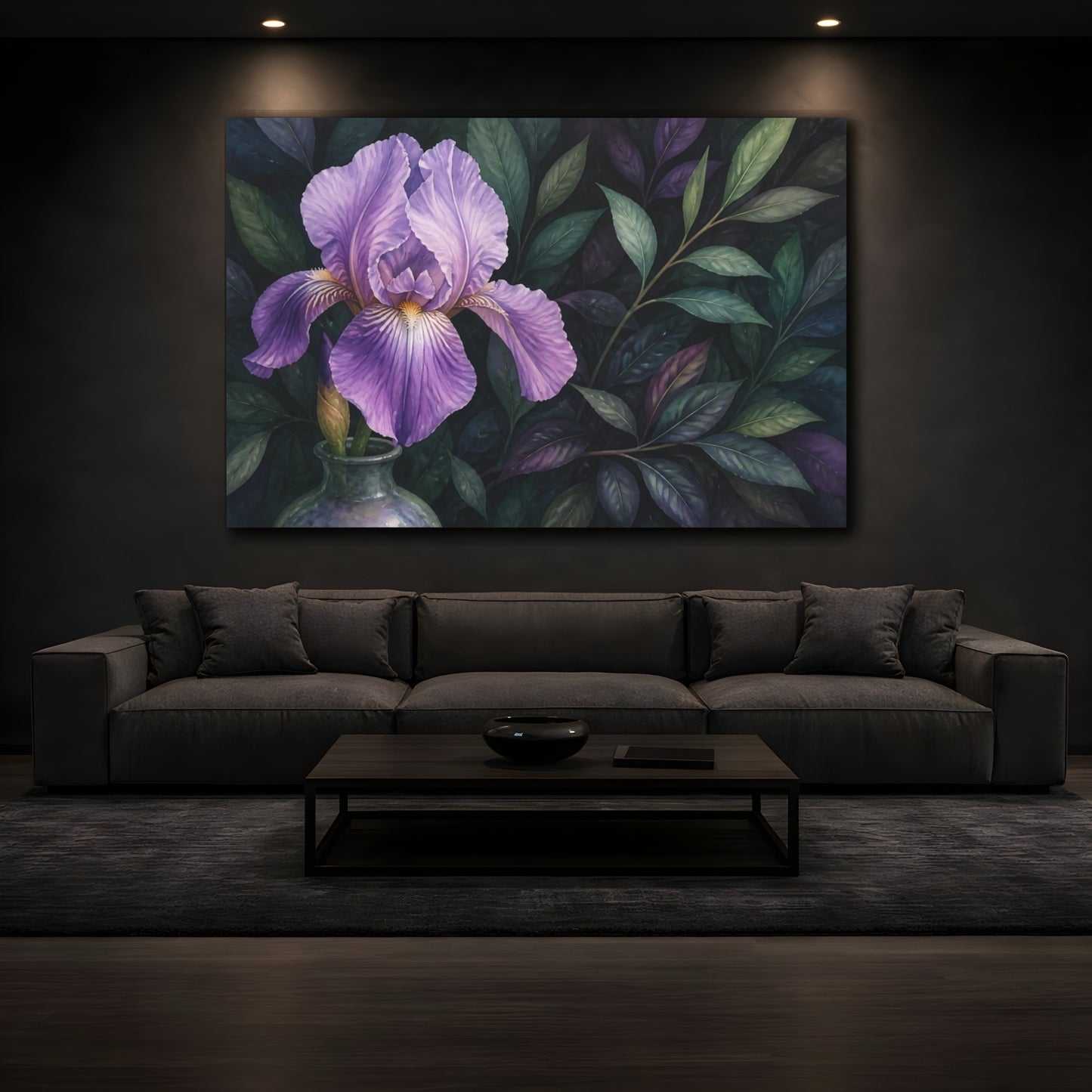 Mockup 3. Floral Purple Iris Purple Floral shown as stretched canvas wall art