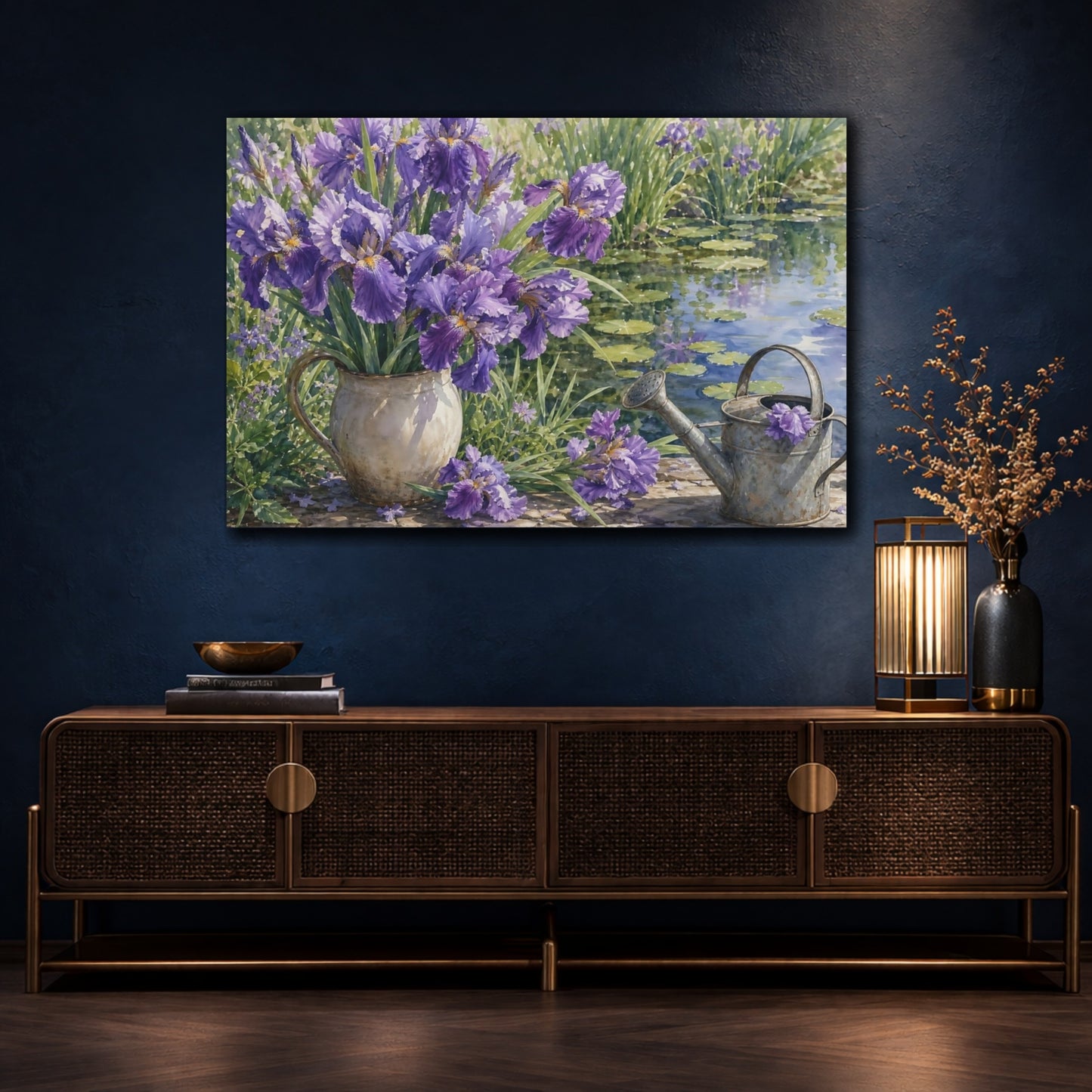 Mockup 4. Floral Purple Iris Purple Floral shown as stretched canvas wall art