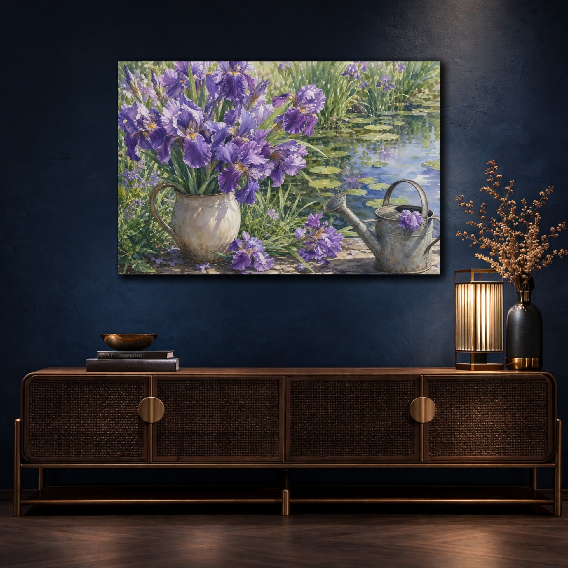 Mockup 4. Floral Purple Iris Purple Floral shown as stretched canvas wall art