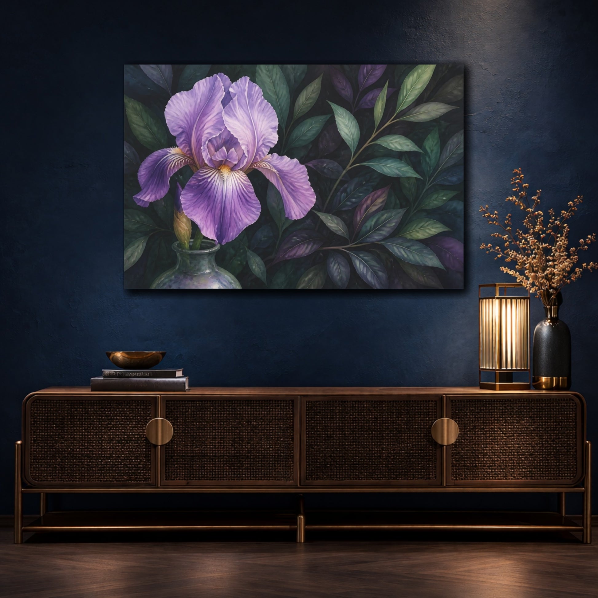 Mockup 4. Floral Purple Iris Purple Floral shown as stretched canvas wall art