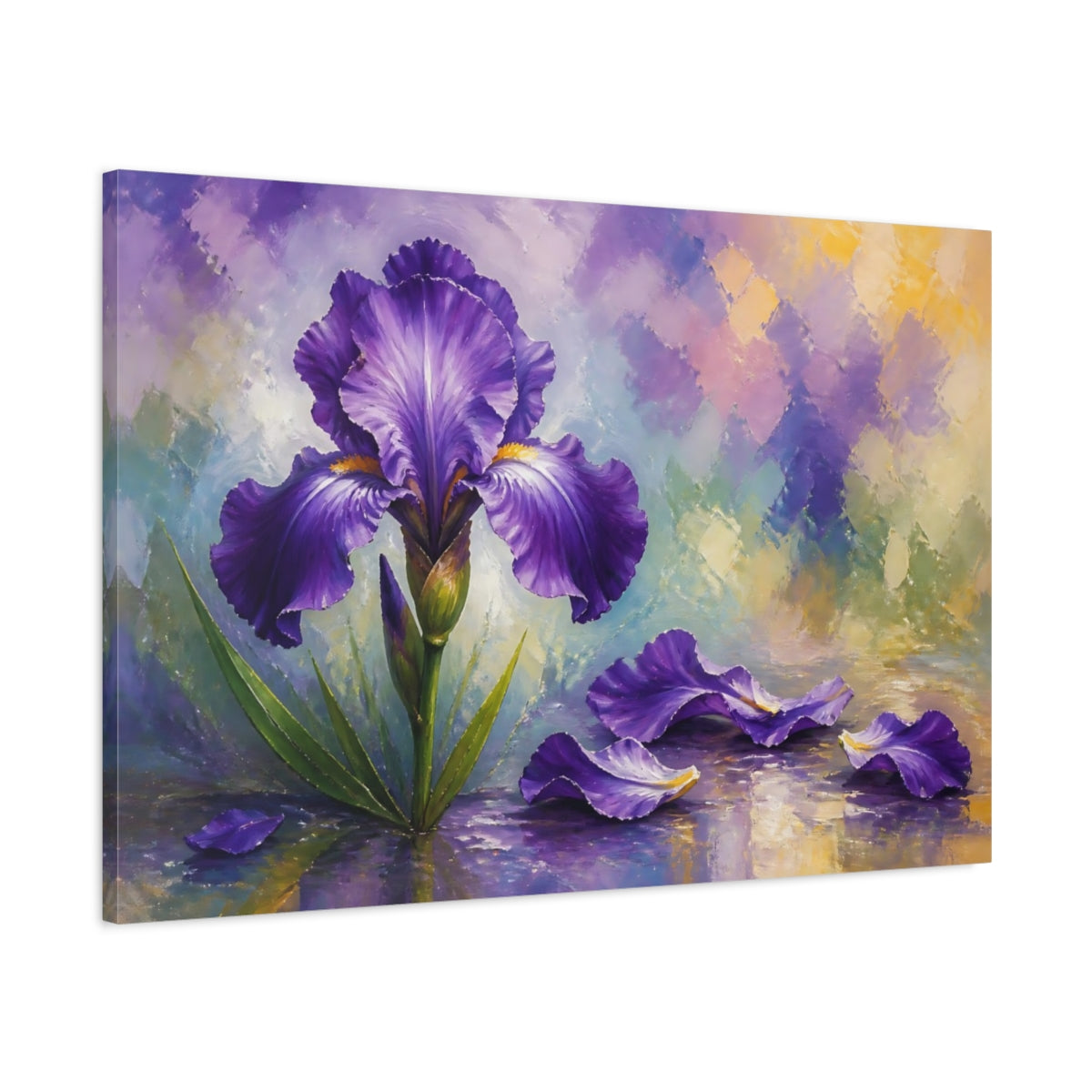 Main Mockup. Floral Purple Iris Purple Iris Floral shown as stretched canvas wall art
