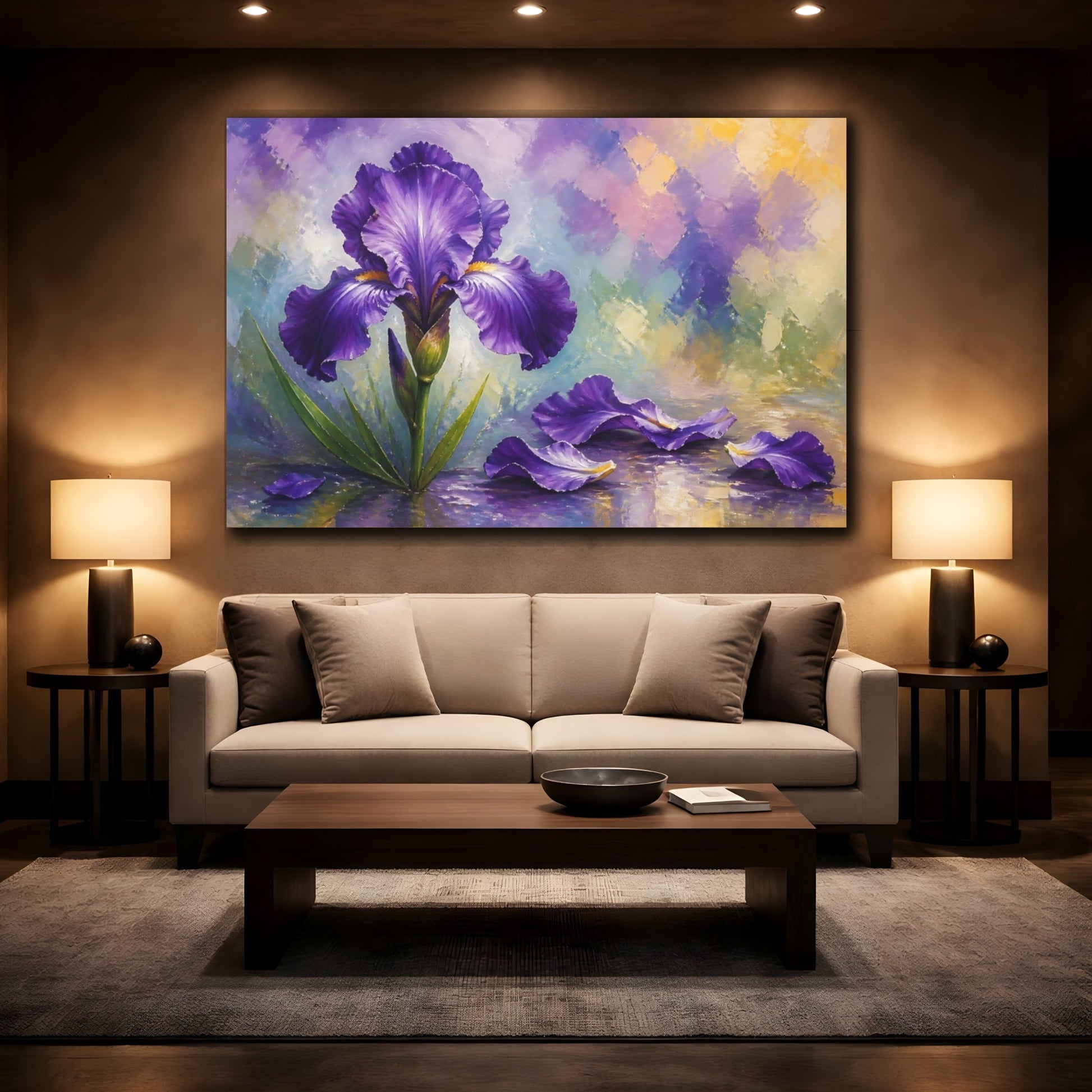 Mockup 2. Floral Purple Iris Purple Iris Floral shown as stretched canvas wall art