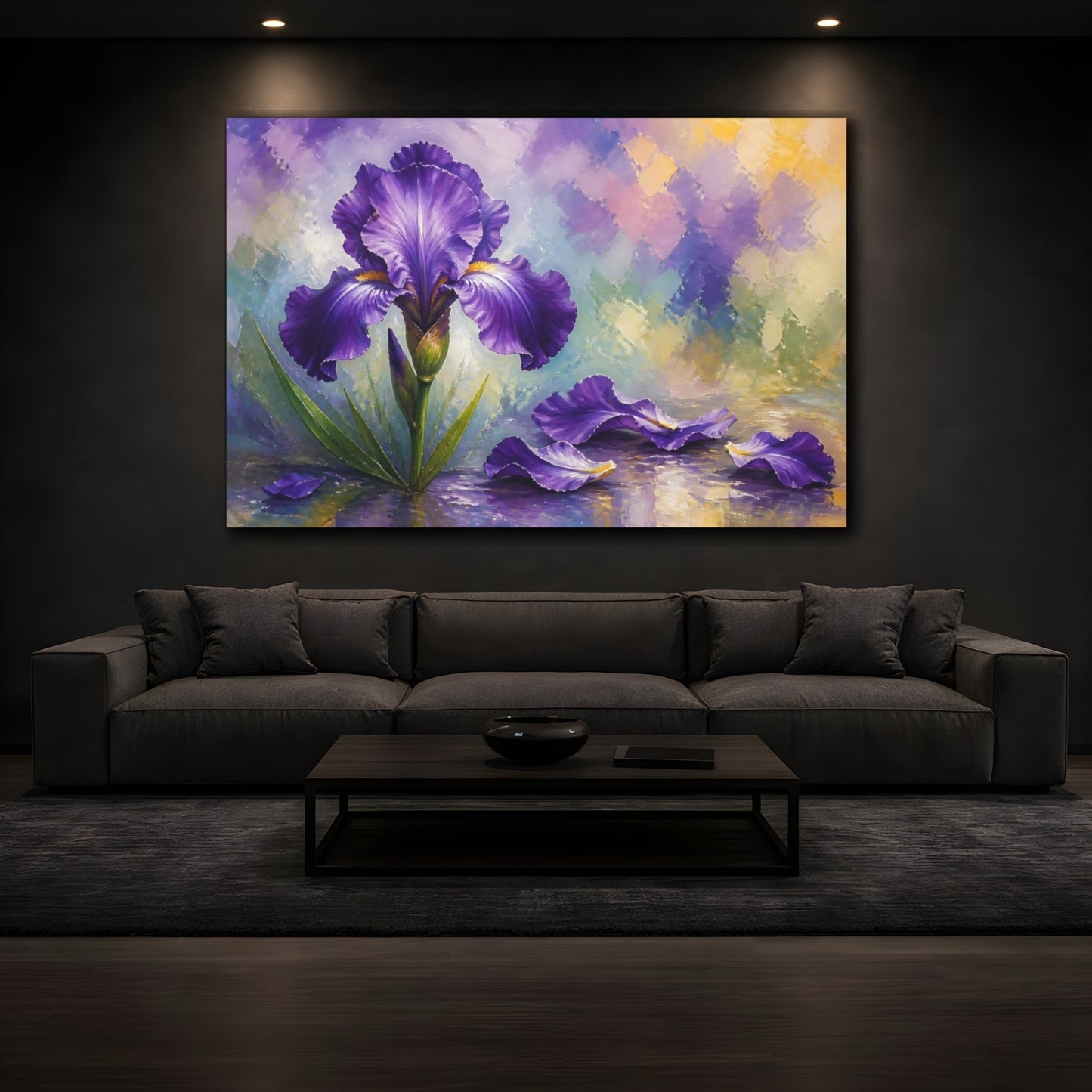 Mockup 3. Floral Purple Iris Purple Iris Floral shown as stretched canvas wall art