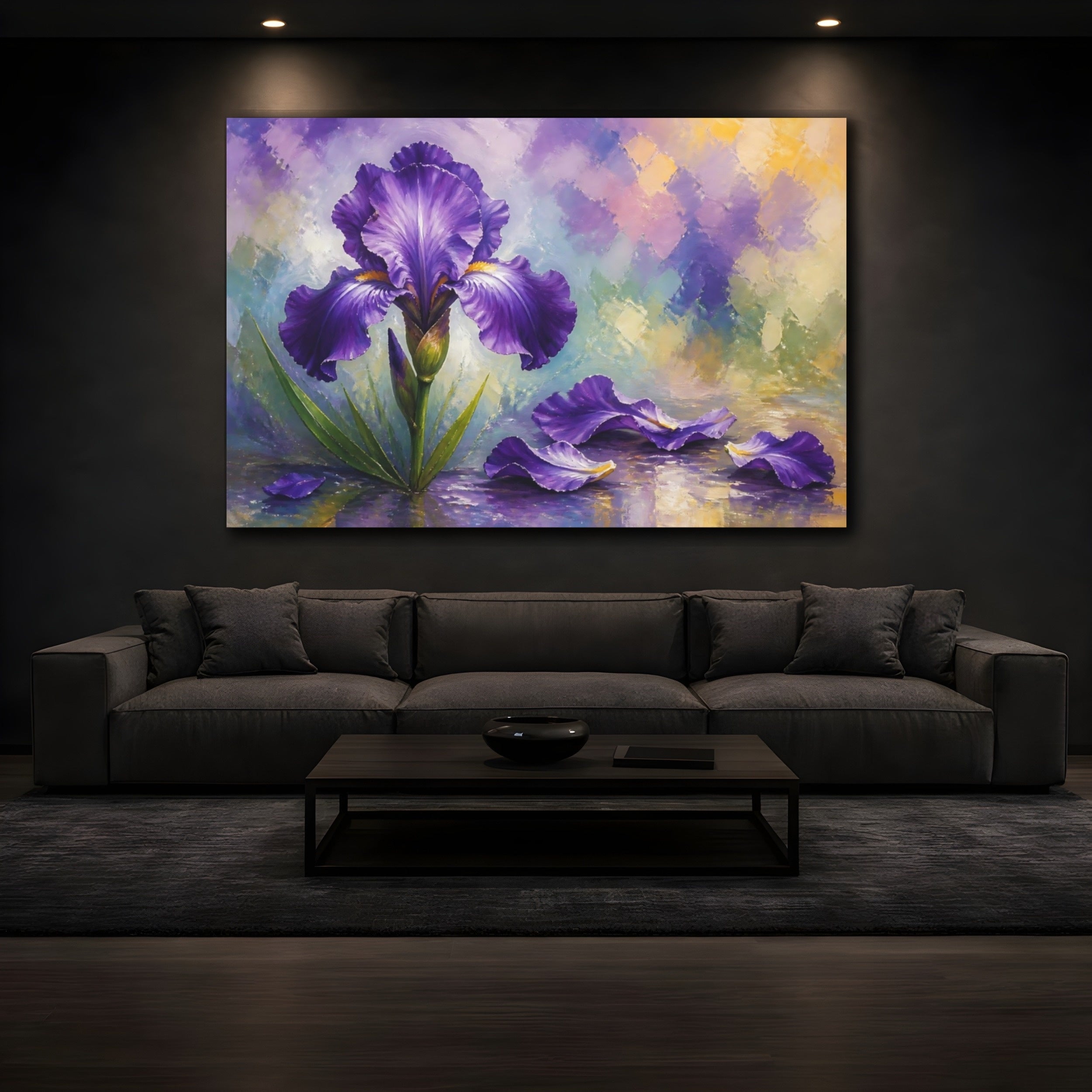Mockup 3. Floral Purple Iris Purple Iris Floral shown as stretched canvas wall art