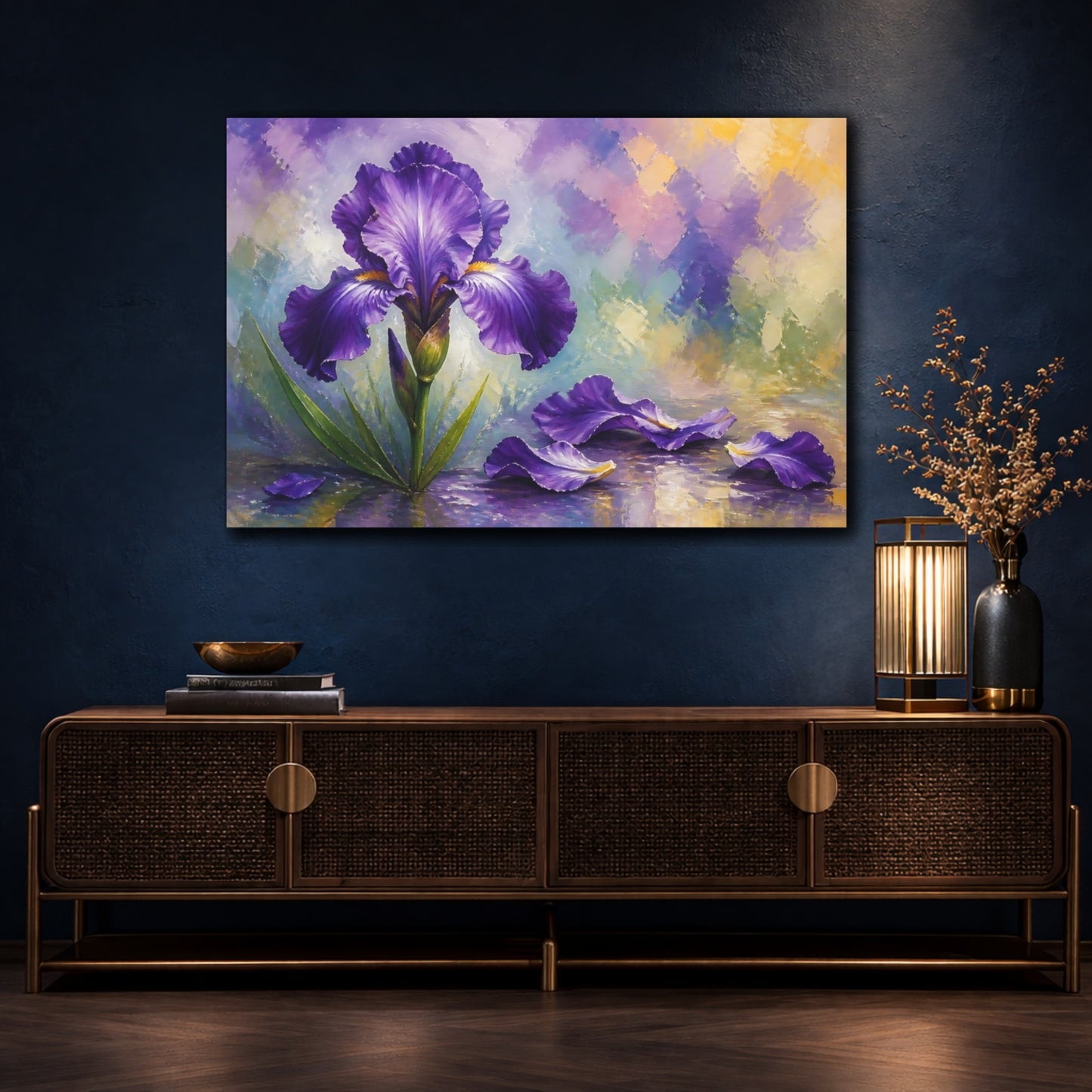 Mockup 4. Floral Purple Iris Purple Iris Floral shown as stretched canvas wall art