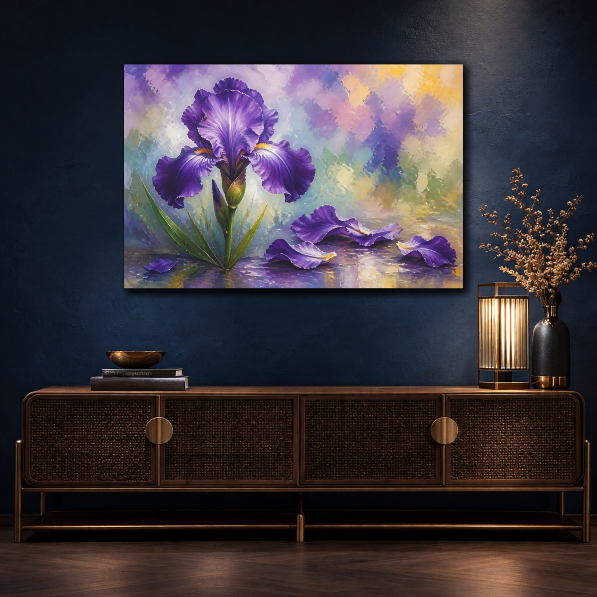 Mockup 4. Floral Purple Iris Purple Iris Floral shown as stretched canvas wall art