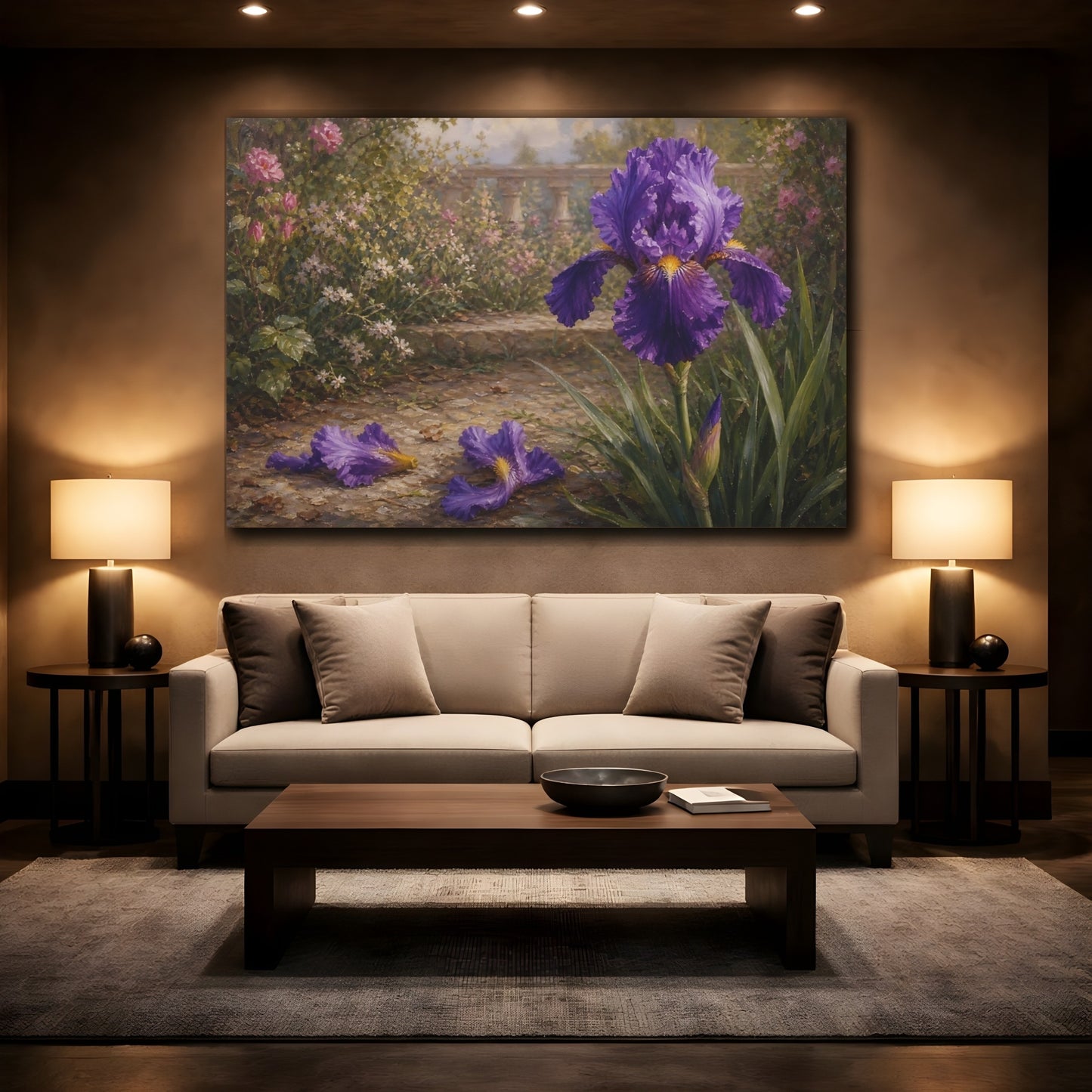 Mockup 2. Floral Purple Iris Purple Iris Garden shown as stretched canvas wall art