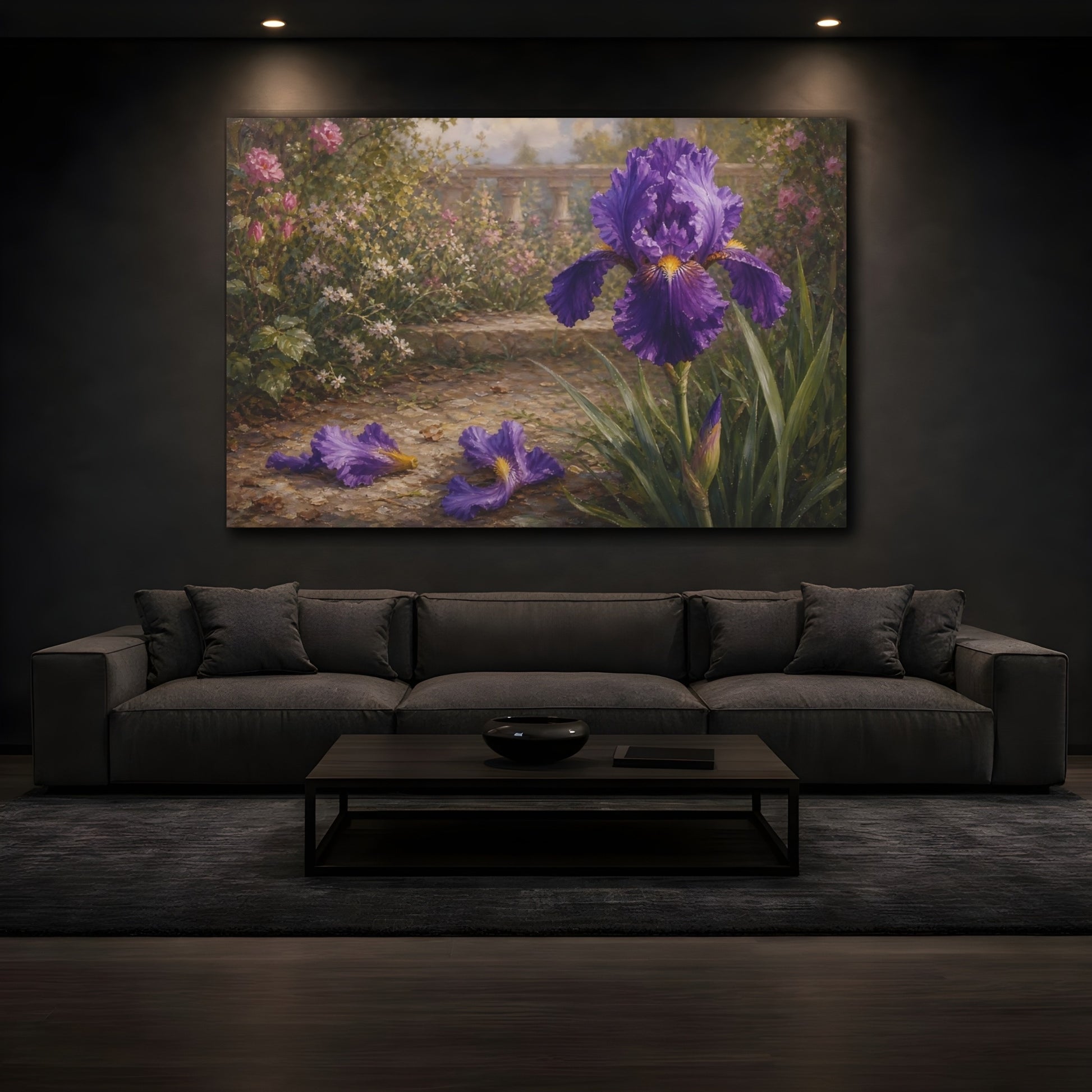 Mockup 3. Floral Purple Iris Purple Iris Garden shown as stretched canvas wall art