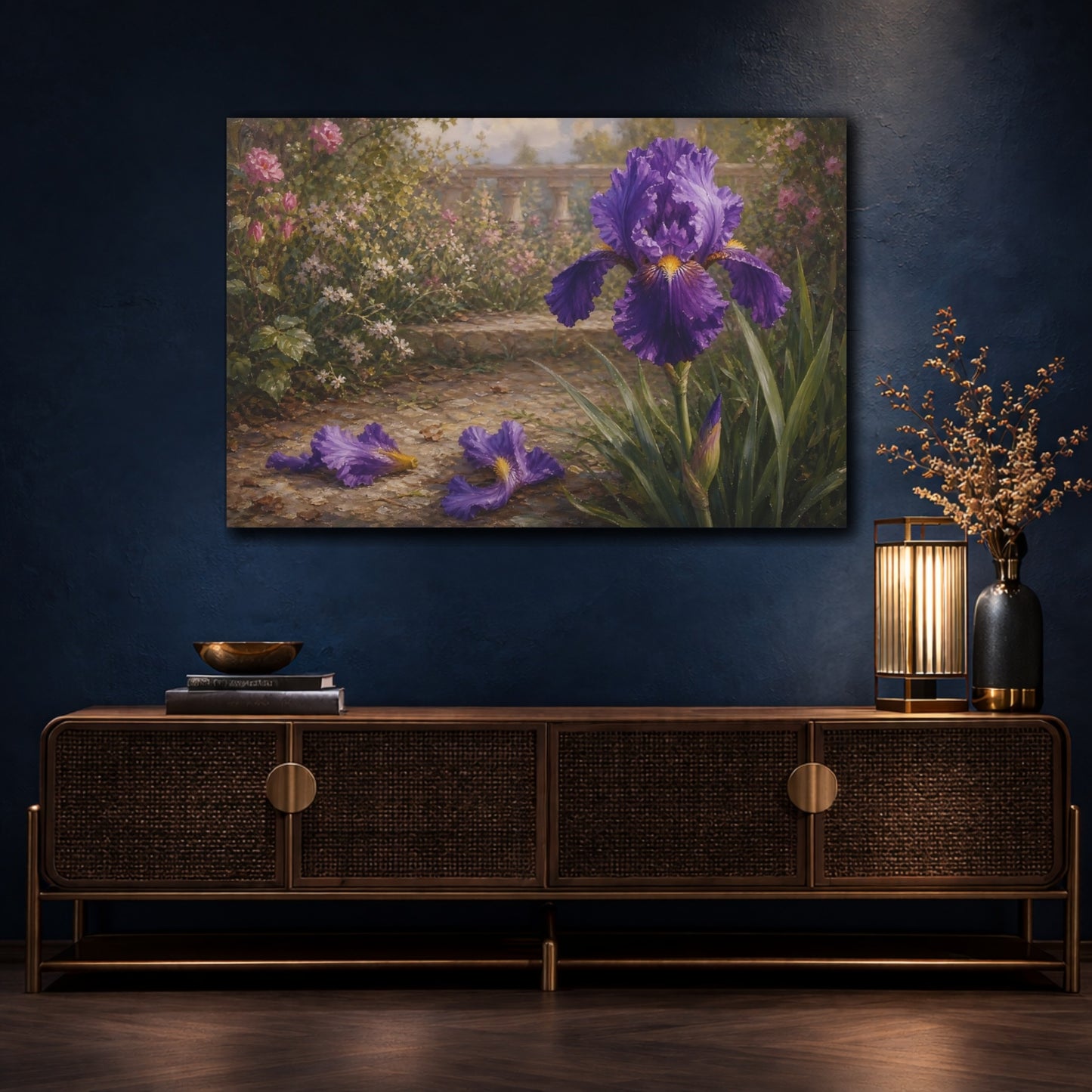 Mockup 4. Floral Purple Iris Purple Iris Garden shown as stretched canvas wall art