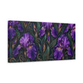 Side Mockup 3. Floral Purple Irises Purple And Green shown as stretched canvas wall art