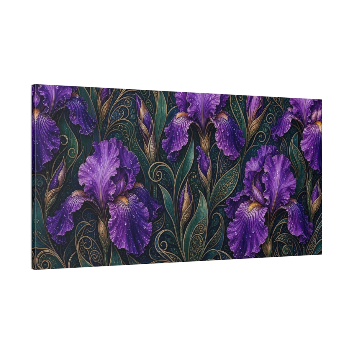 Side Mockup 2. Floral Purple Irises Purple And Green shown as stretched canvas wall art