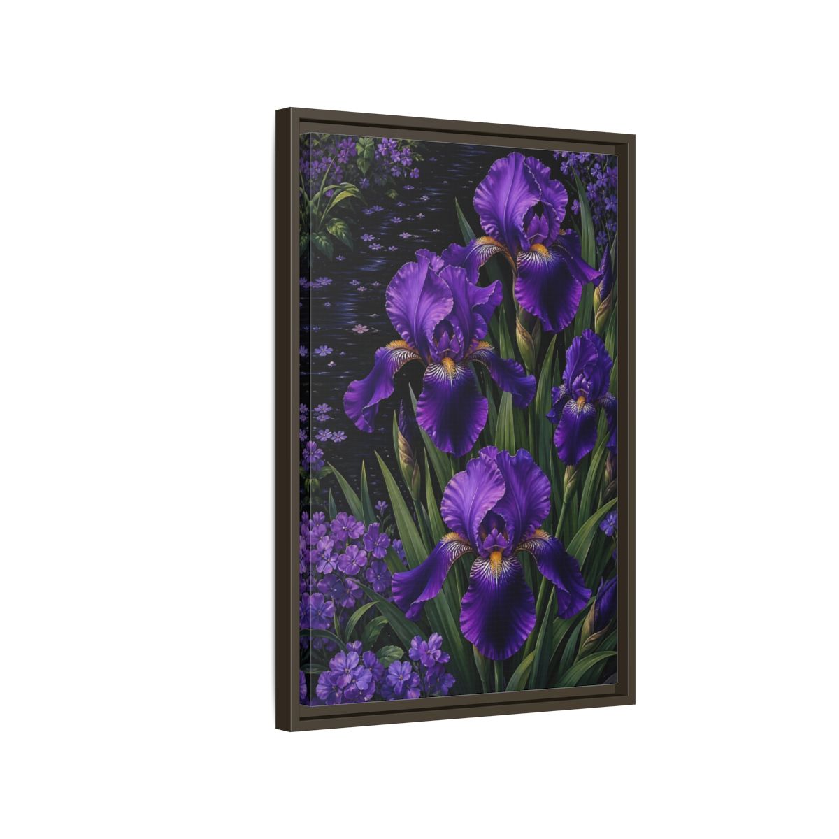 Side Mockup 2. Floral Purple Irises Purple Irises shown as stretched canvas wall art
