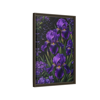 Side Mockup 2. Floral Purple Irises Purple Irises shown as stretched canvas wall art