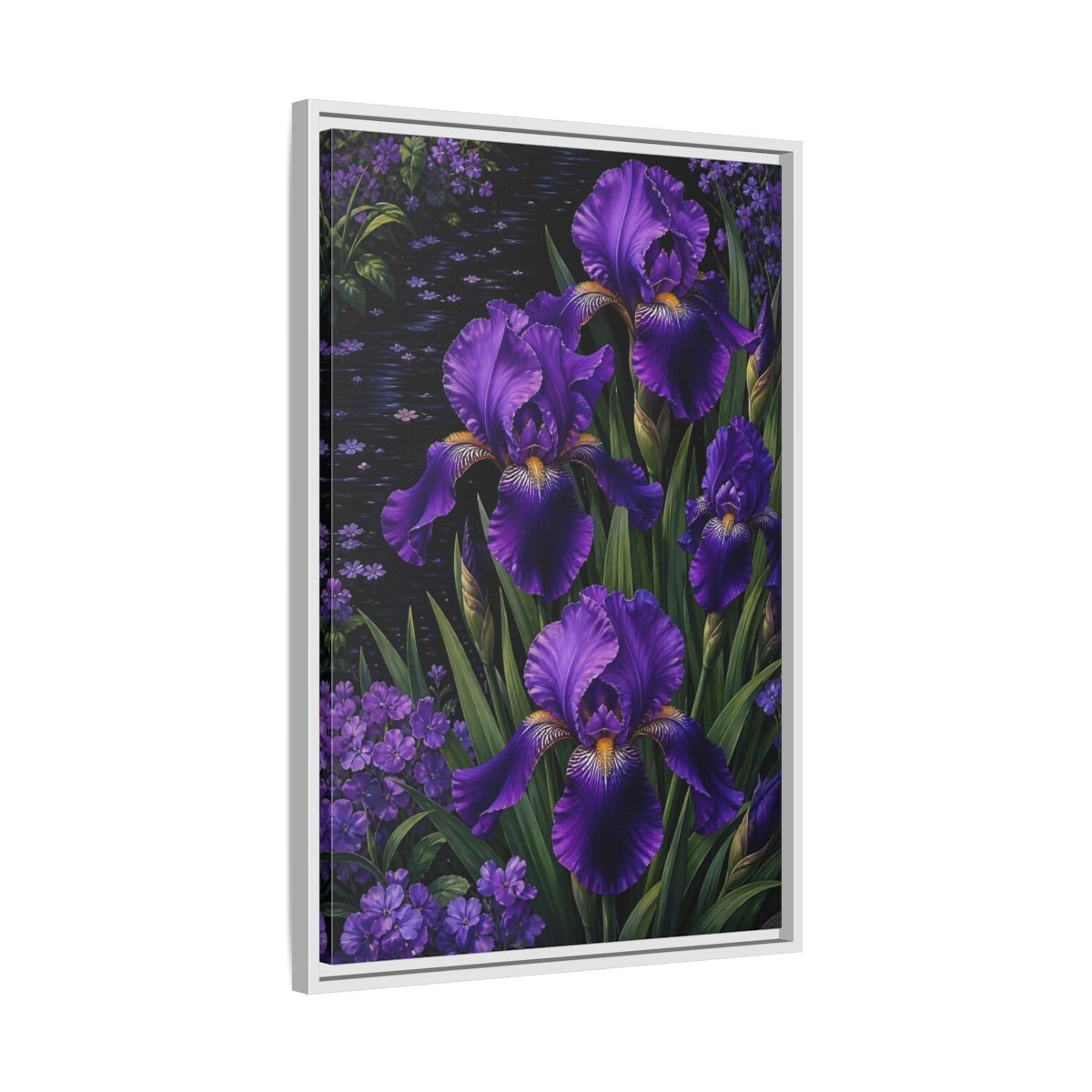 Side Mockup 10. Floral Purple Irises Purple Irises shown as stretched canvas wall art