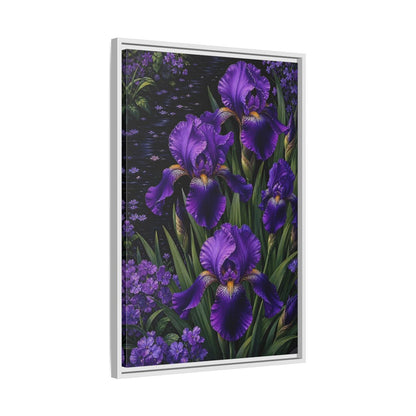 Side Mockup 10. Floral Purple Irises Purple Irises shown as stretched canvas wall art