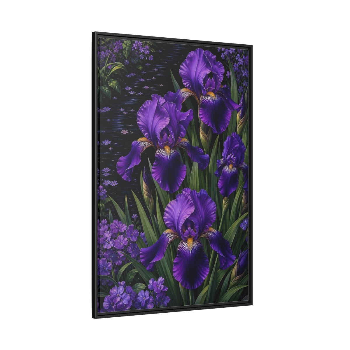 Side Mockup 12. Floral Purple Irises Purple Irises shown as stretched canvas wall art