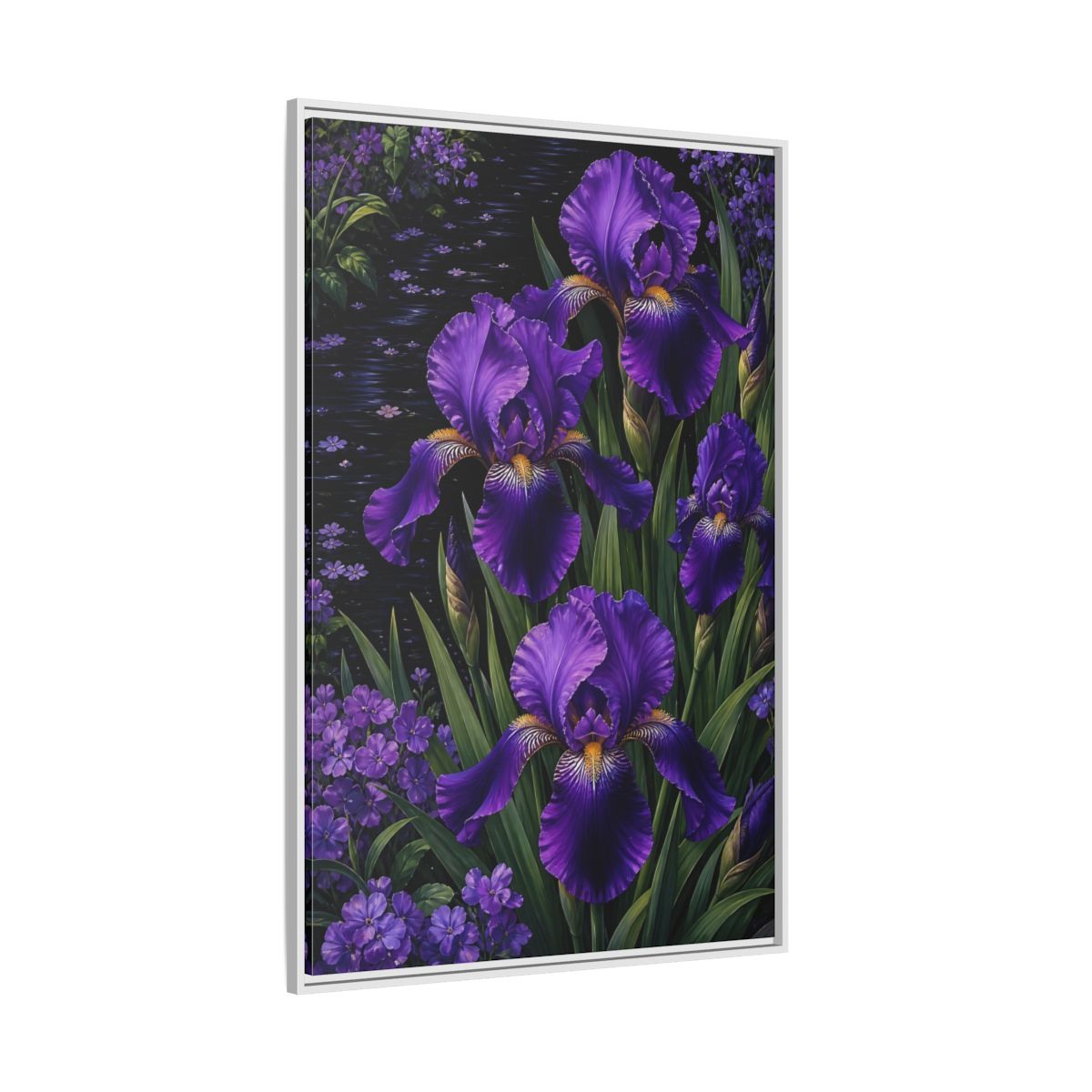 Side Mockup 7. Floral Purple Irises Purple Irises shown as stretched canvas wall art