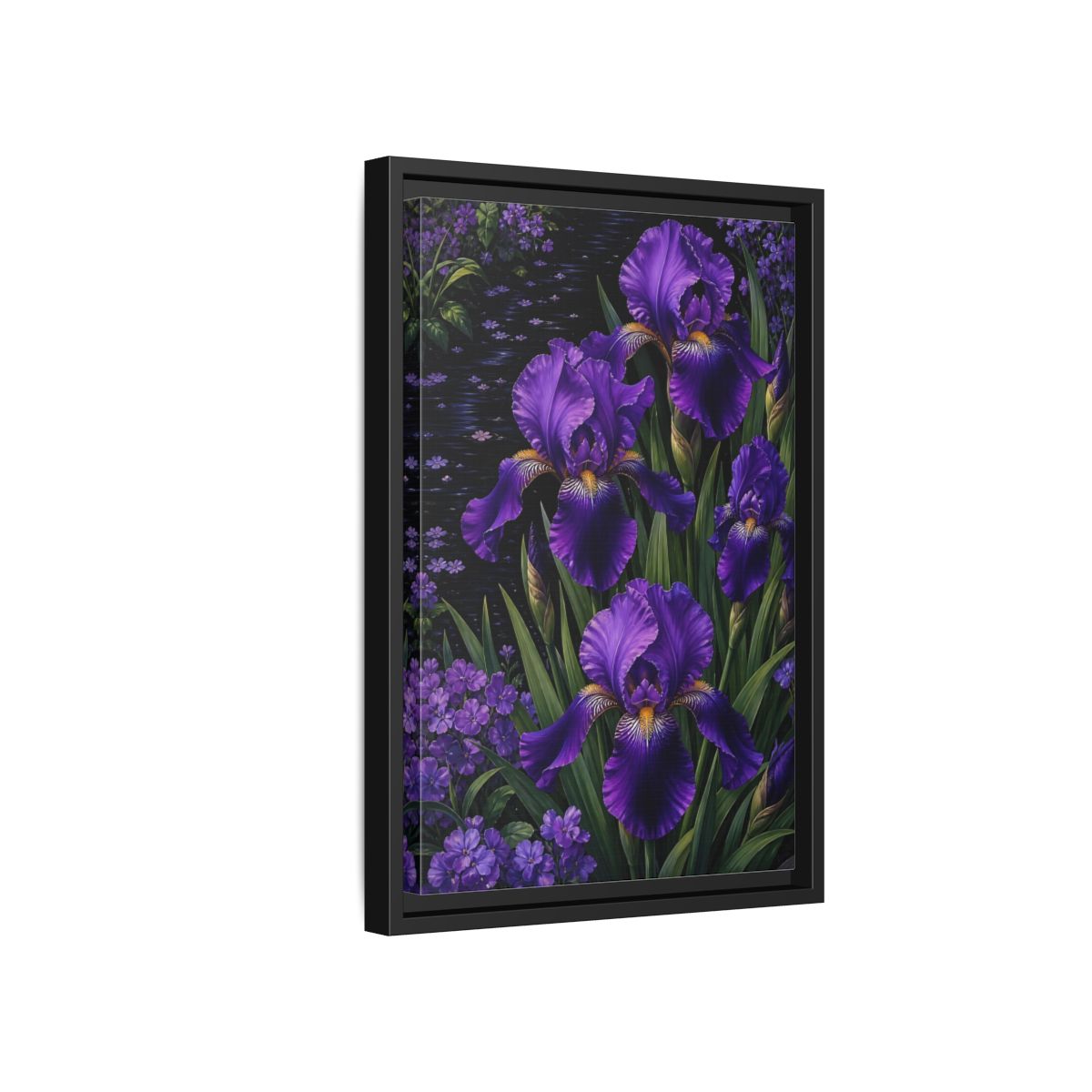 Side Mockup 6. Floral Purple Irises Purple Irises shown as stretched canvas wall art