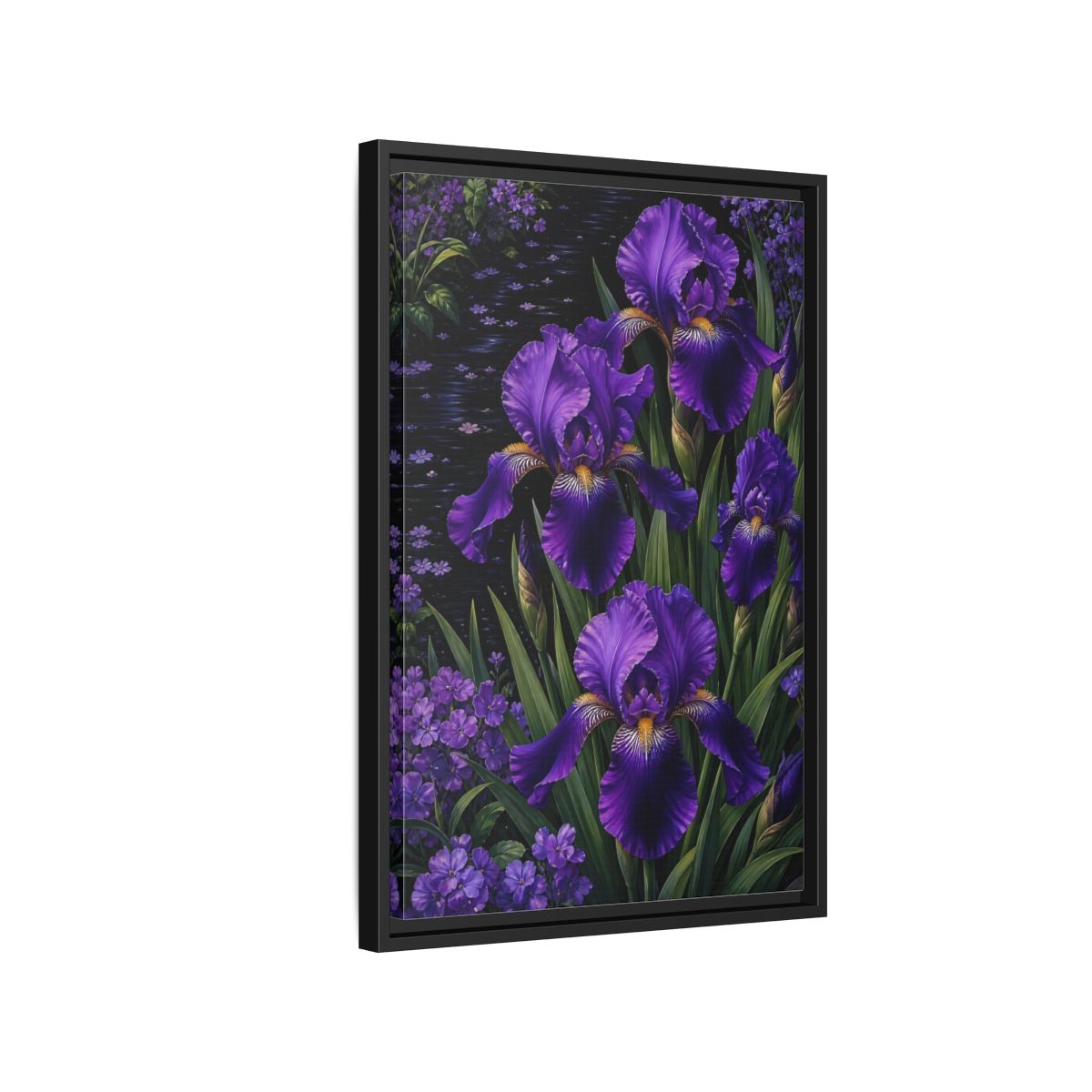 Side Mockup 3. Floral Purple Irises Purple Irises shown as stretched canvas wall art