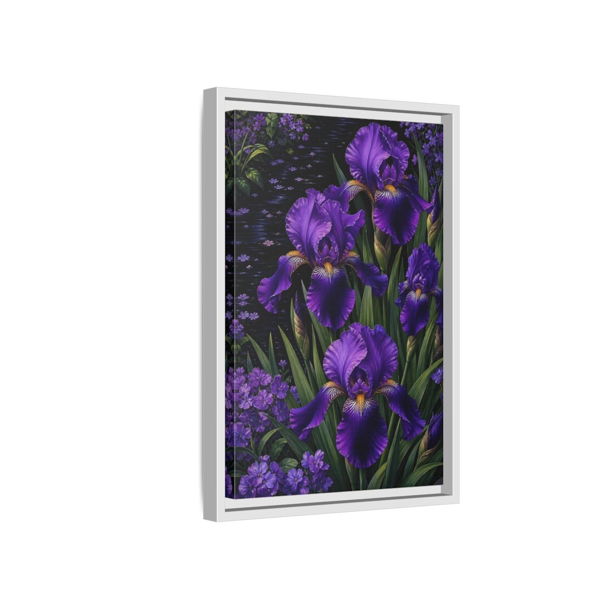 Side Mockup 4. Floral Purple Irises Purple Irises shown as stretched canvas wall art