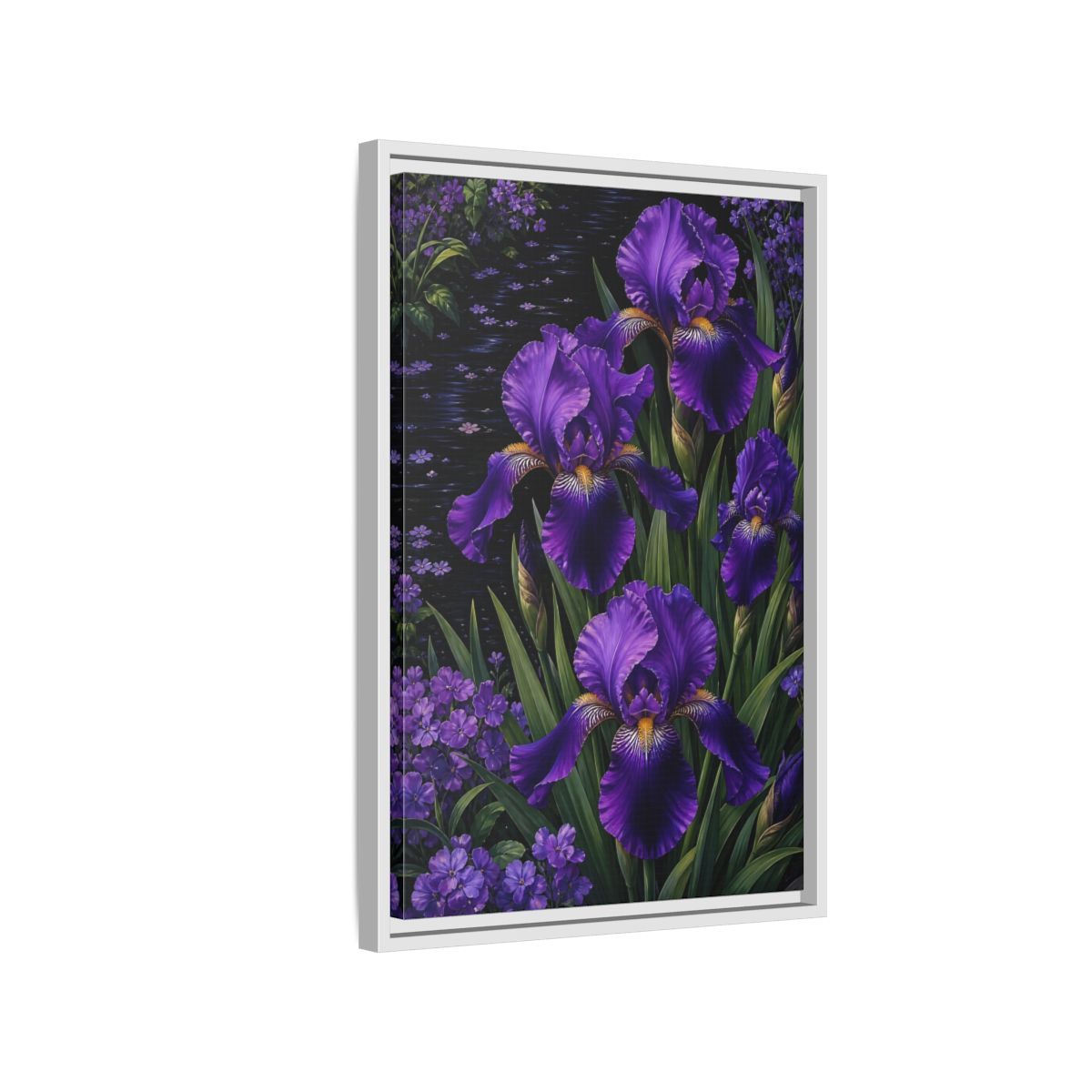 Side Mockup 1. Floral Purple Irises Purple Irises shown as stretched canvas wall art