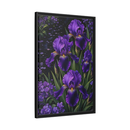 Side Mockup 14. Floral Purple Irises Purple Irises shown as stretched canvas wall art