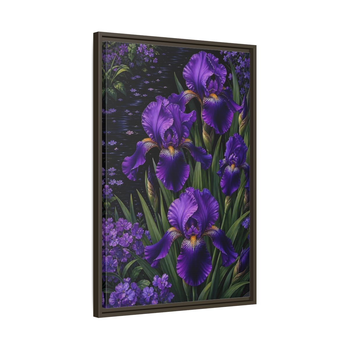Side Mockup 11. Floral Purple Irises Purple Irises shown as stretched canvas wall art