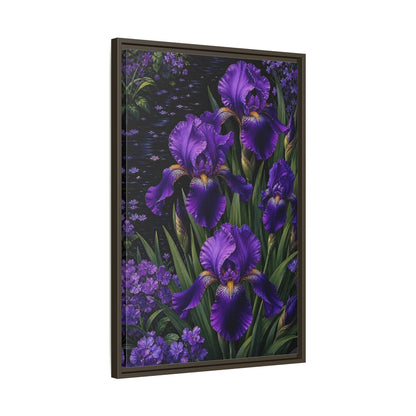 Side Mockup 11. Floral Purple Irises Purple Irises shown as stretched canvas wall art