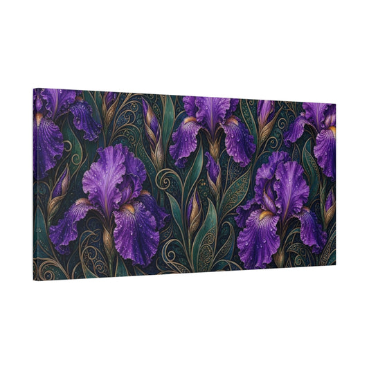 Main Mockup. Floral Purple Irises Purple And Green shown as stretched canvas wall art