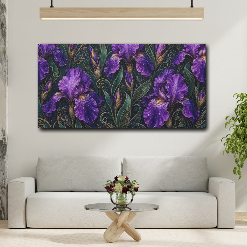Mockup 2. Floral Purple Irises Purple And Green shown as stretched canvas wall art
