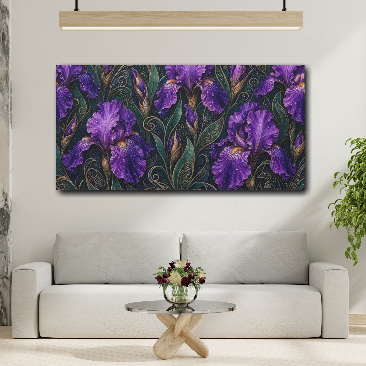 Mockup 2. Floral Purple Irises Purple And Green shown as stretched canvas wall art