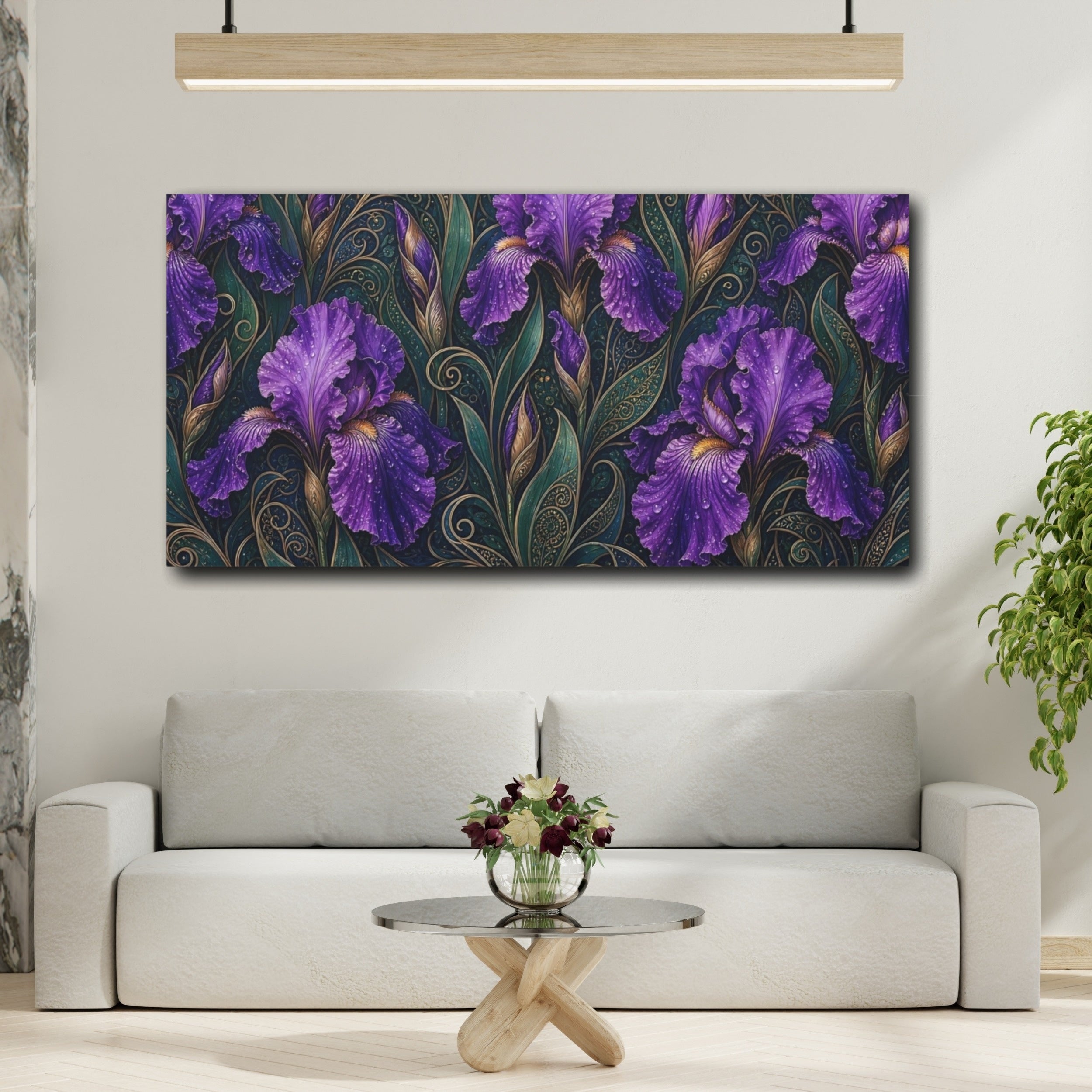 Mockup 2. Floral Purple Irises Purple And Green shown as stretched canvas wall art
