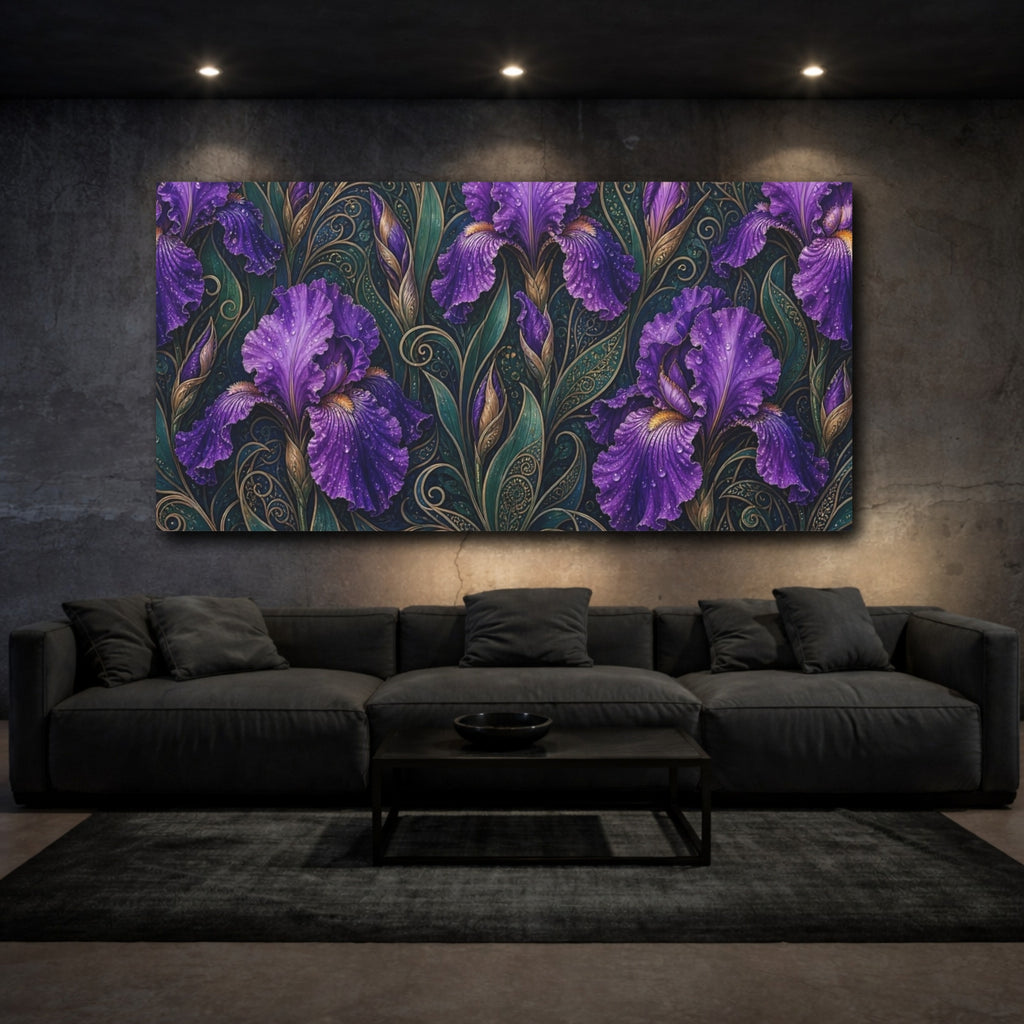 Mockup 3. Floral Purple Irises Purple And Green shown as stretched canvas wall art