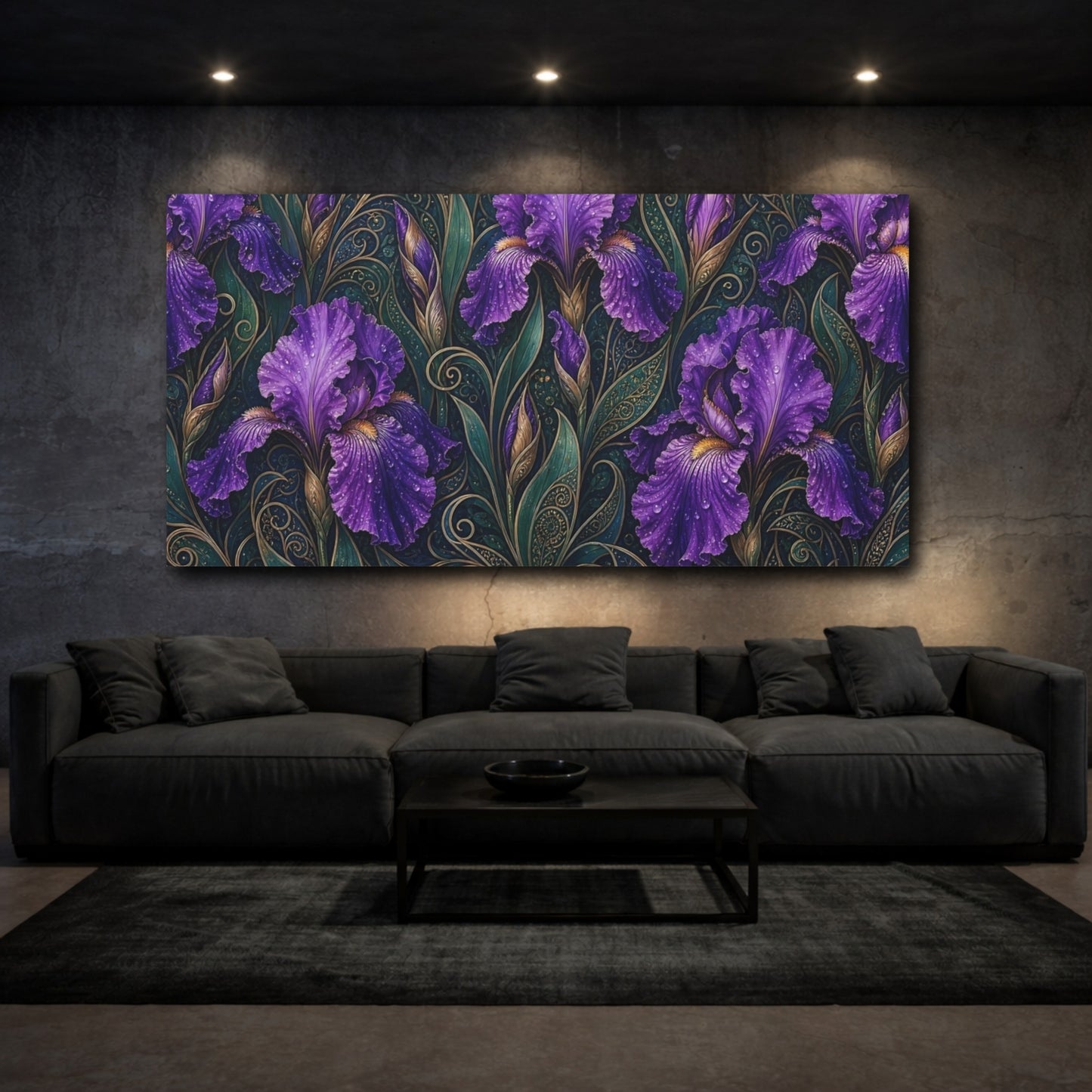 Mockup 3. Floral Purple Irises Purple And Green shown as stretched canvas wall art