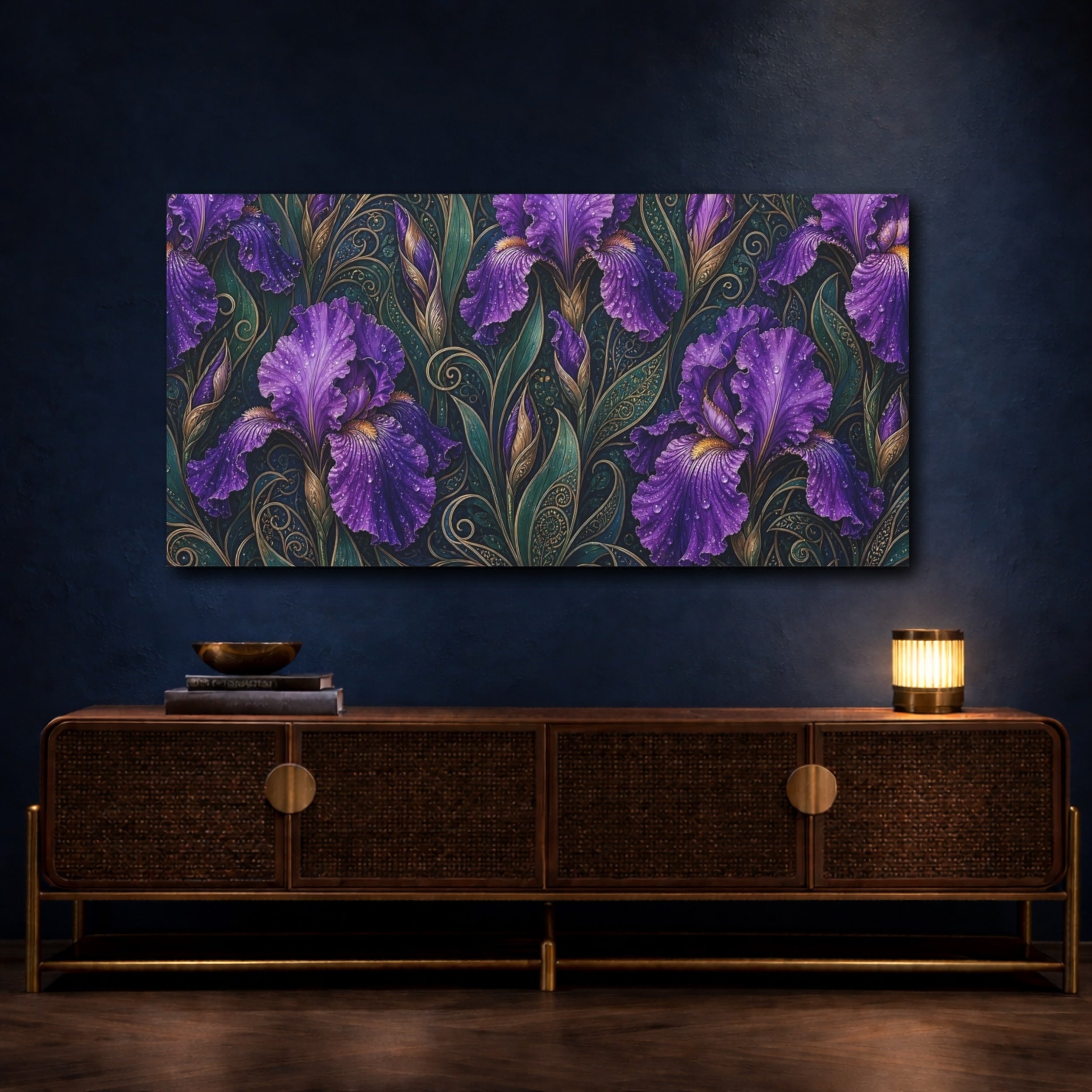 Mockup 4. Floral Purple Irises Purple And Green shown as stretched canvas wall art
