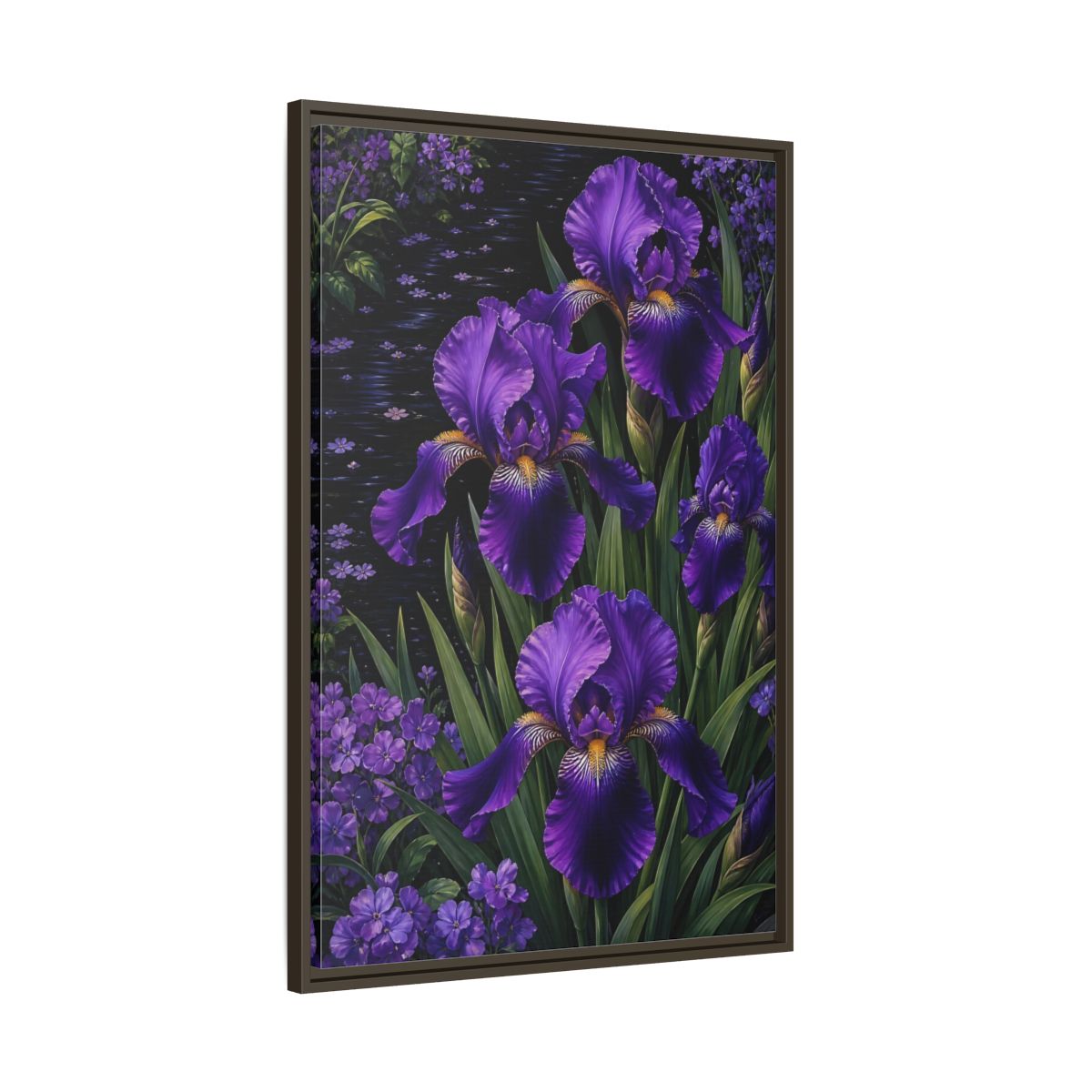 Main Mockup. Floral Purple Irises Purple Irises shown as stretched canvas wall art