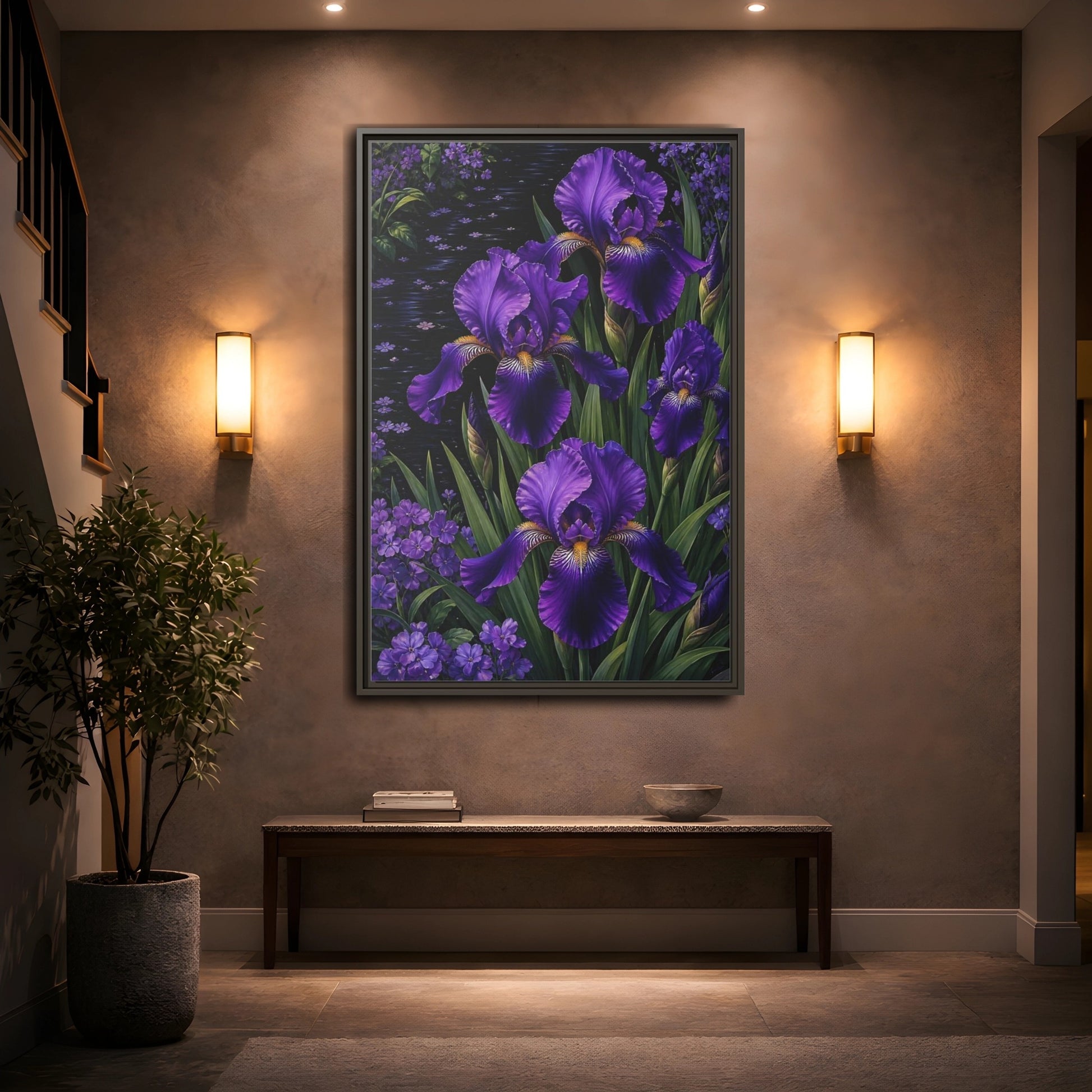 Mockup 2. Floral Purple Irises Purple Irises shown as stretched canvas wall art