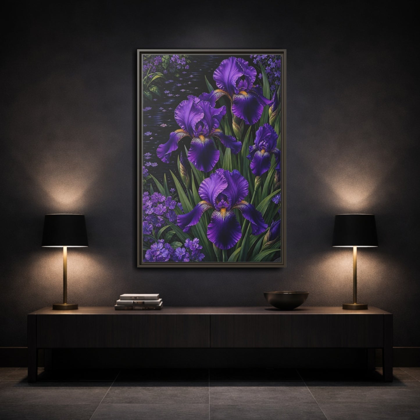 Mockup 3. Floral Purple Irises Purple Irises shown as stretched canvas wall art
