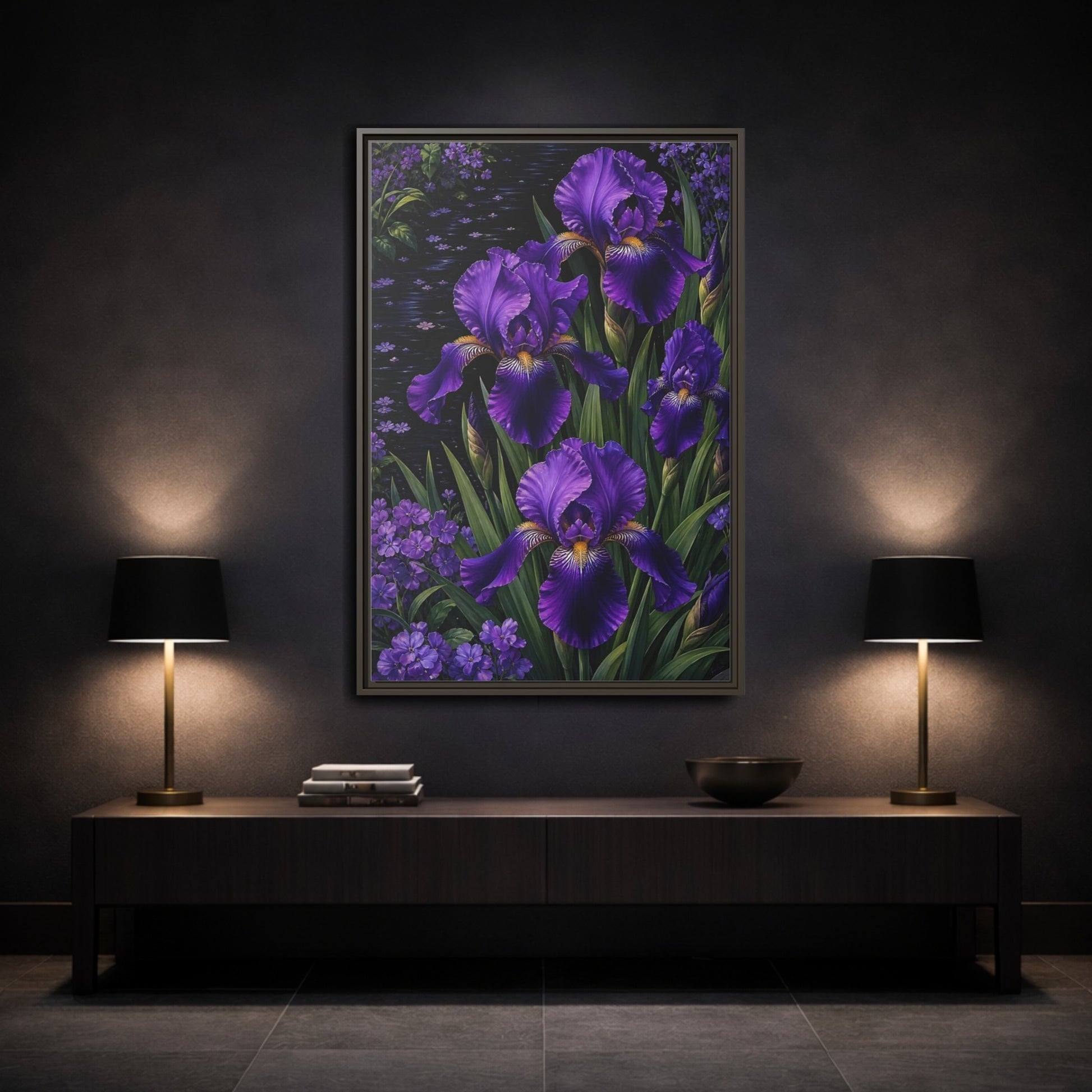 Mockup 3. Floral Purple Irises Purple Irises shown as stretched canvas wall art