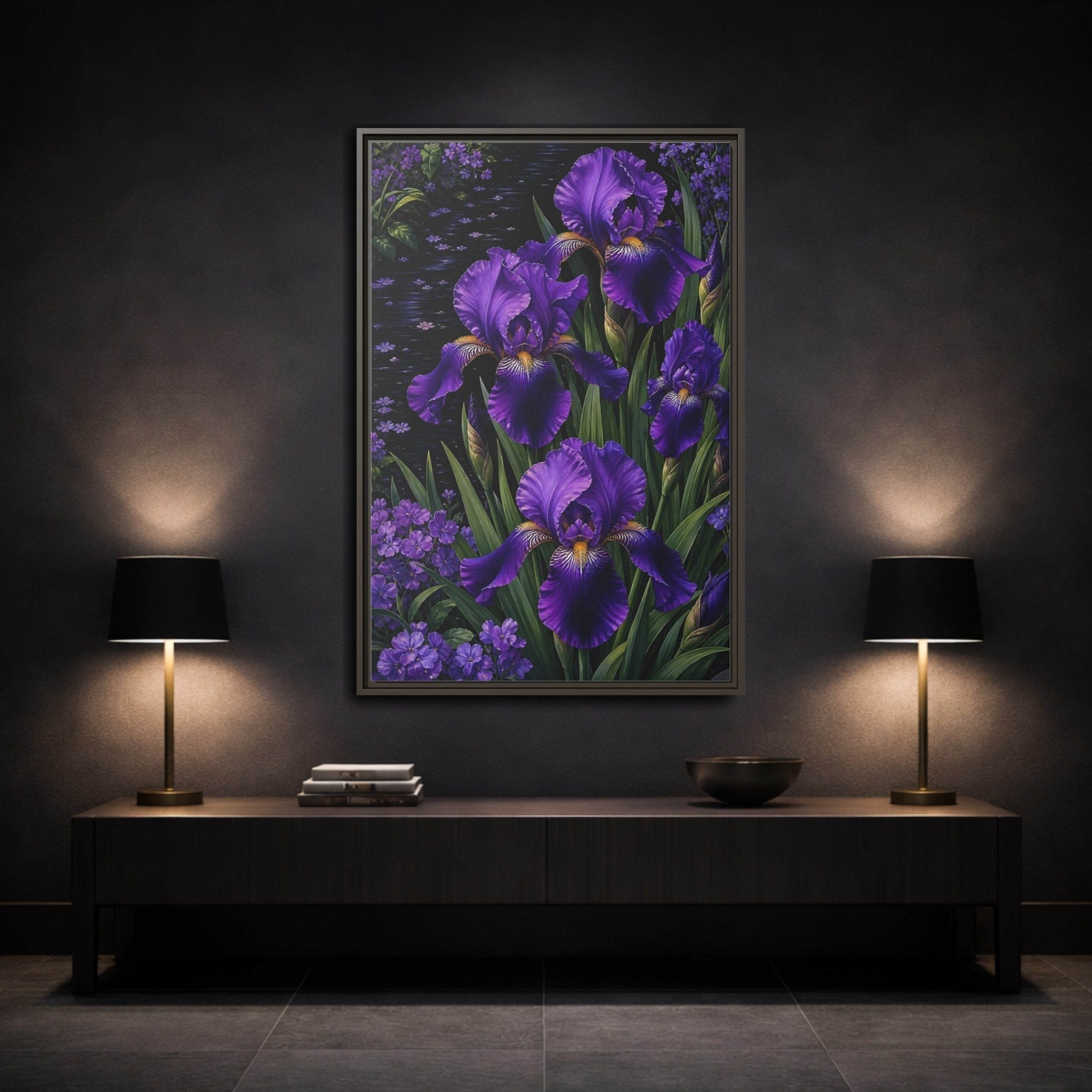 Mockup 3. Floral Purple Irises Purple Irises shown as stretched canvas wall art