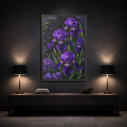 Mockup 3. Floral Purple Irises Purple Irises shown as stretched canvas wall art