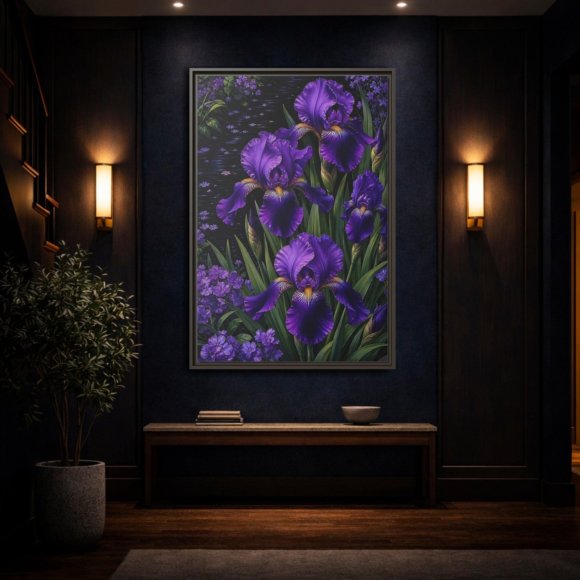 Mockup 4. Floral Purple Irises Purple Irises shown as stretched canvas wall art