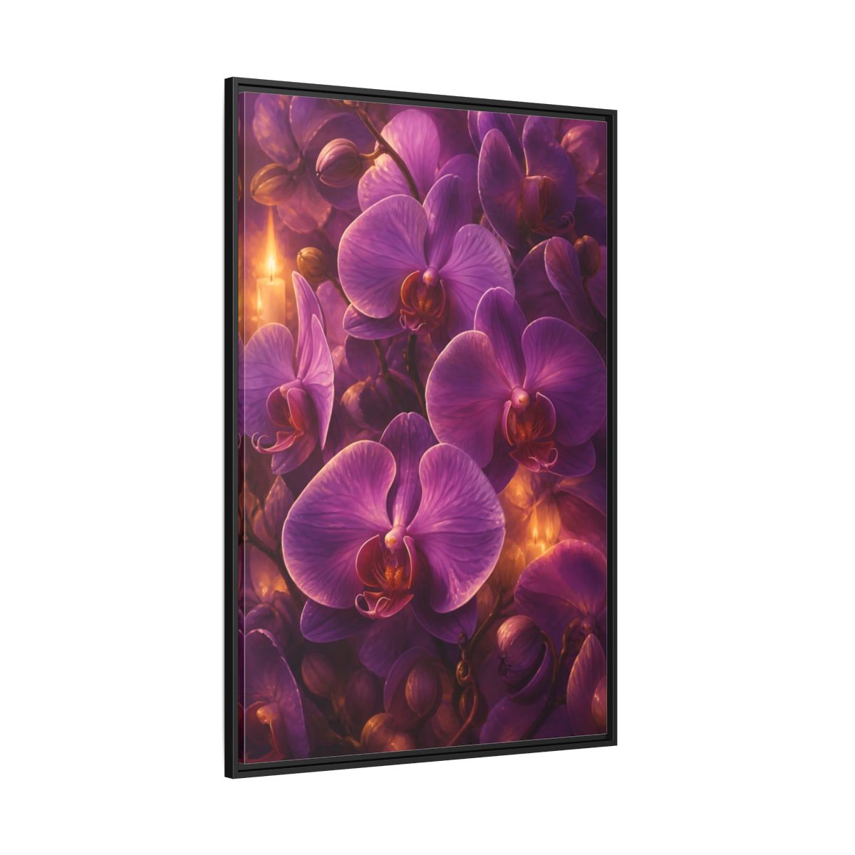 Side Mockup 12. Floral Purple Orchids Purple Orchid Candlelight shown as stretched canvas wall art