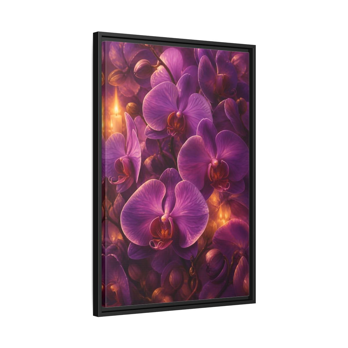 Side Mockup 14. Floral Purple Orchids Purple Orchid Candlelight shown as stretched canvas wall art
