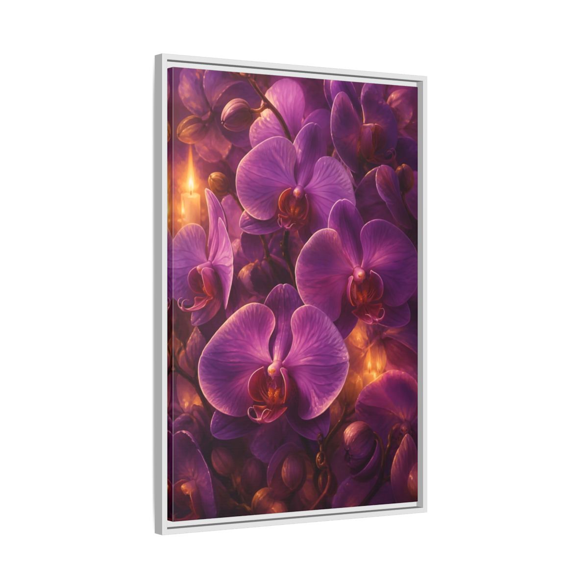 Side Mockup 9. Floral Purple Orchids Purple Orchid Candlelight shown as stretched canvas wall art