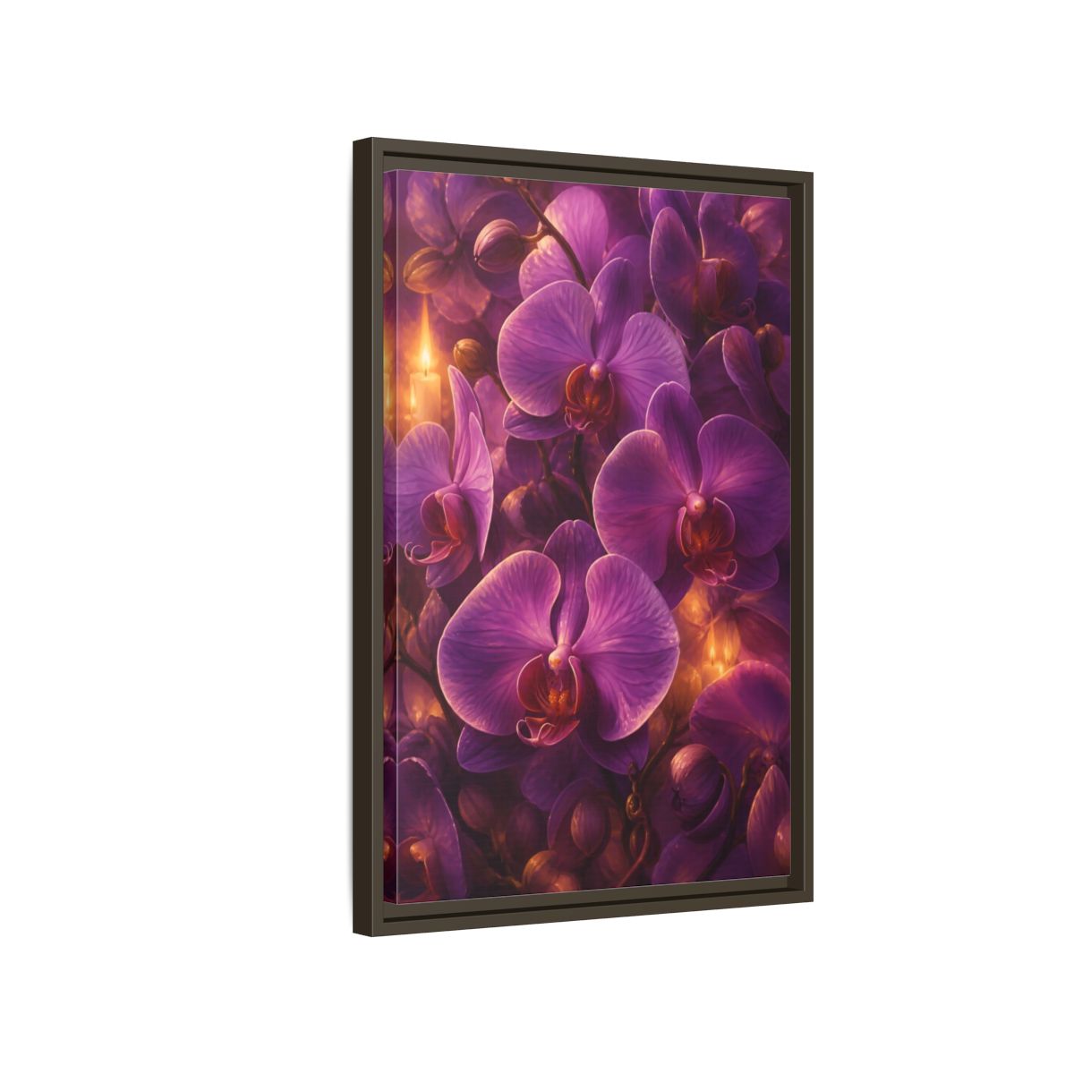 Side Mockup 2. Floral Purple Orchids Purple Orchid Candlelight shown as stretched canvas wall art