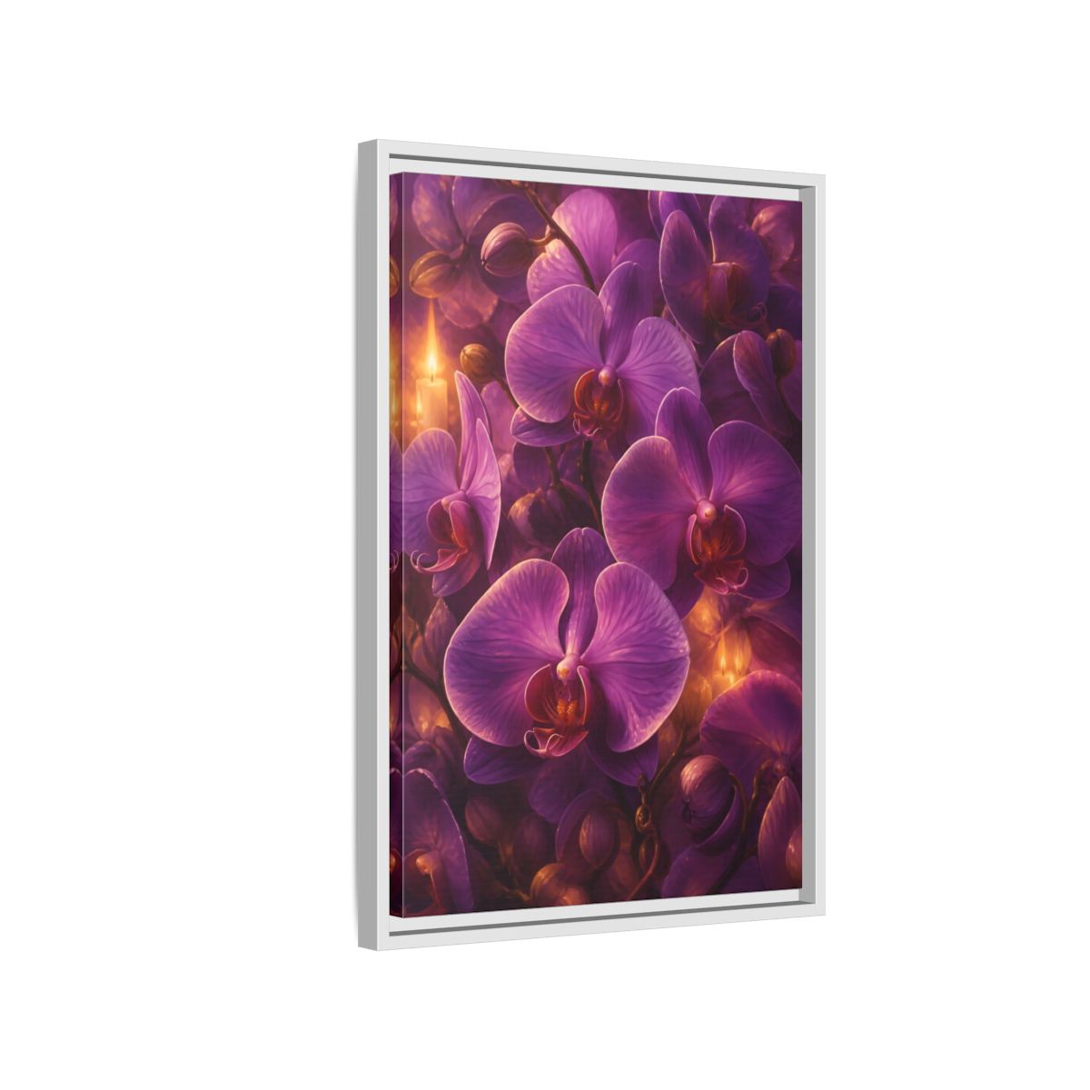 Side Mockup 1. Floral Purple Orchids Purple Orchid Candlelight shown as stretched canvas wall art