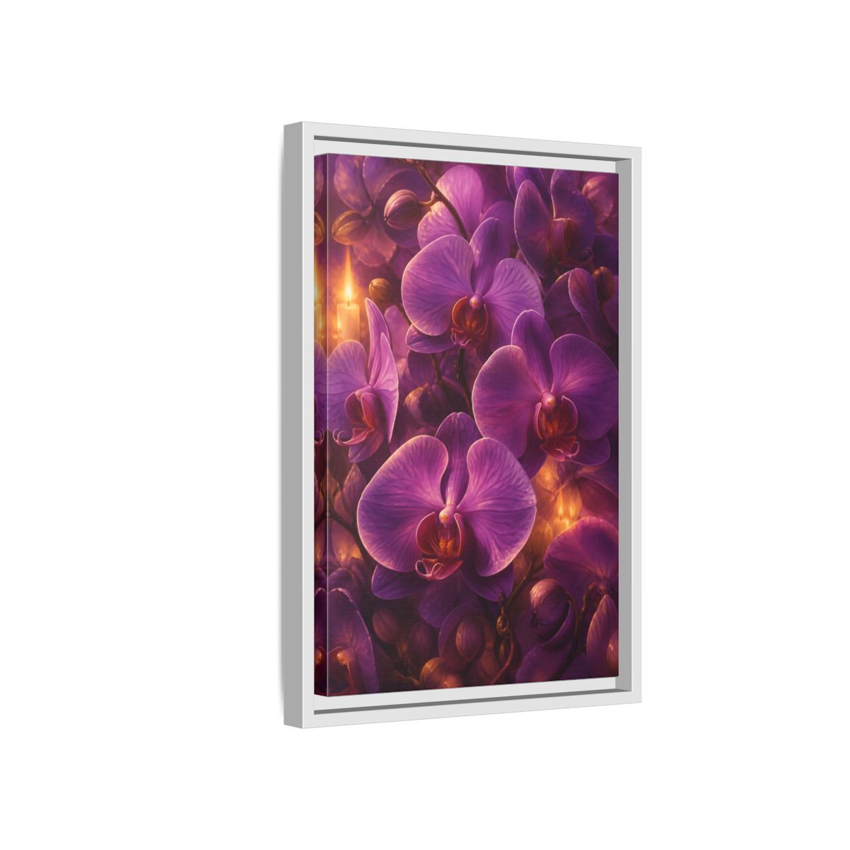 Side Mockup 4. Floral Purple Orchids Purple Orchid Candlelight shown as stretched canvas wall art