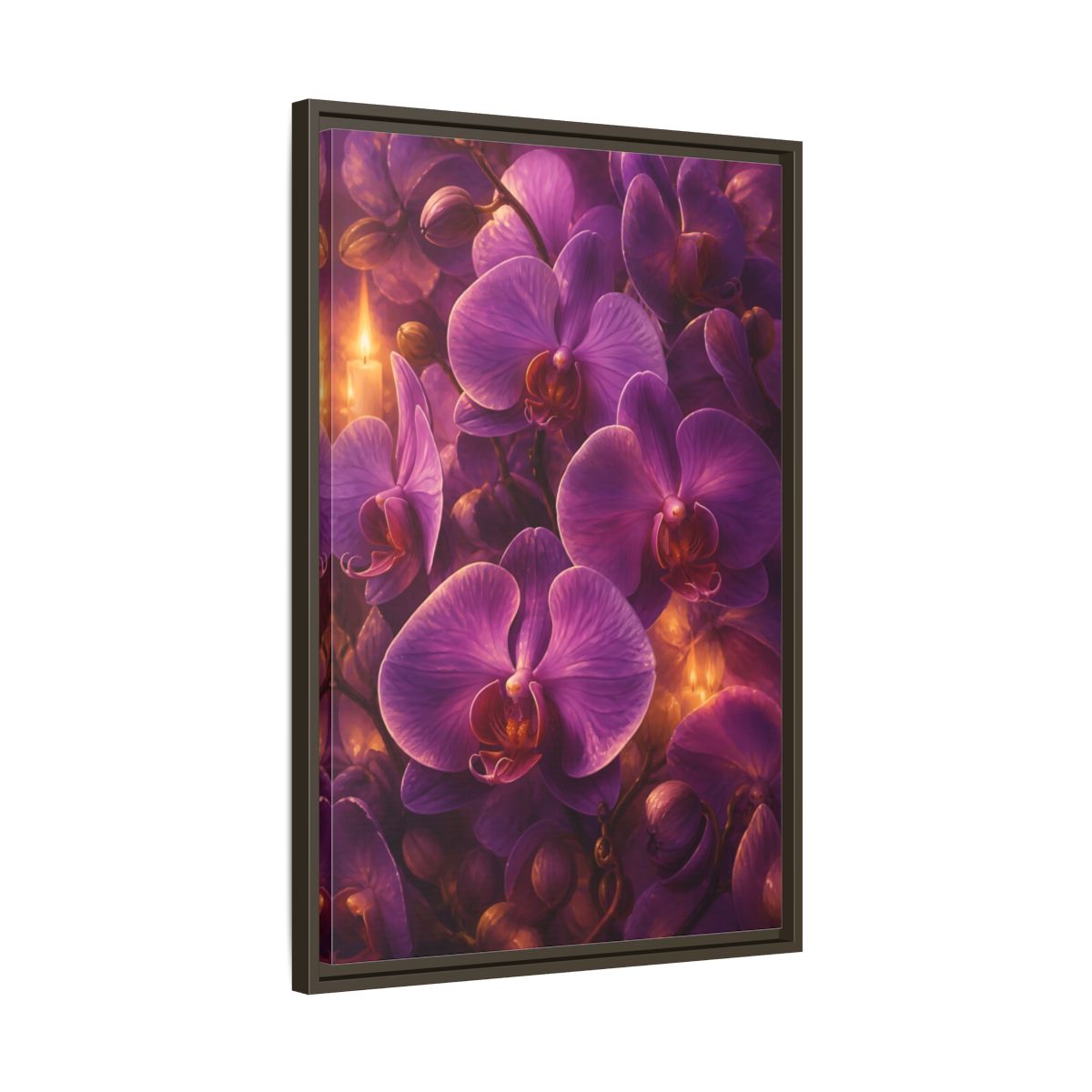 Side Mockup 11. Floral Purple Orchids Purple Orchid Candlelight shown as stretched canvas wall art